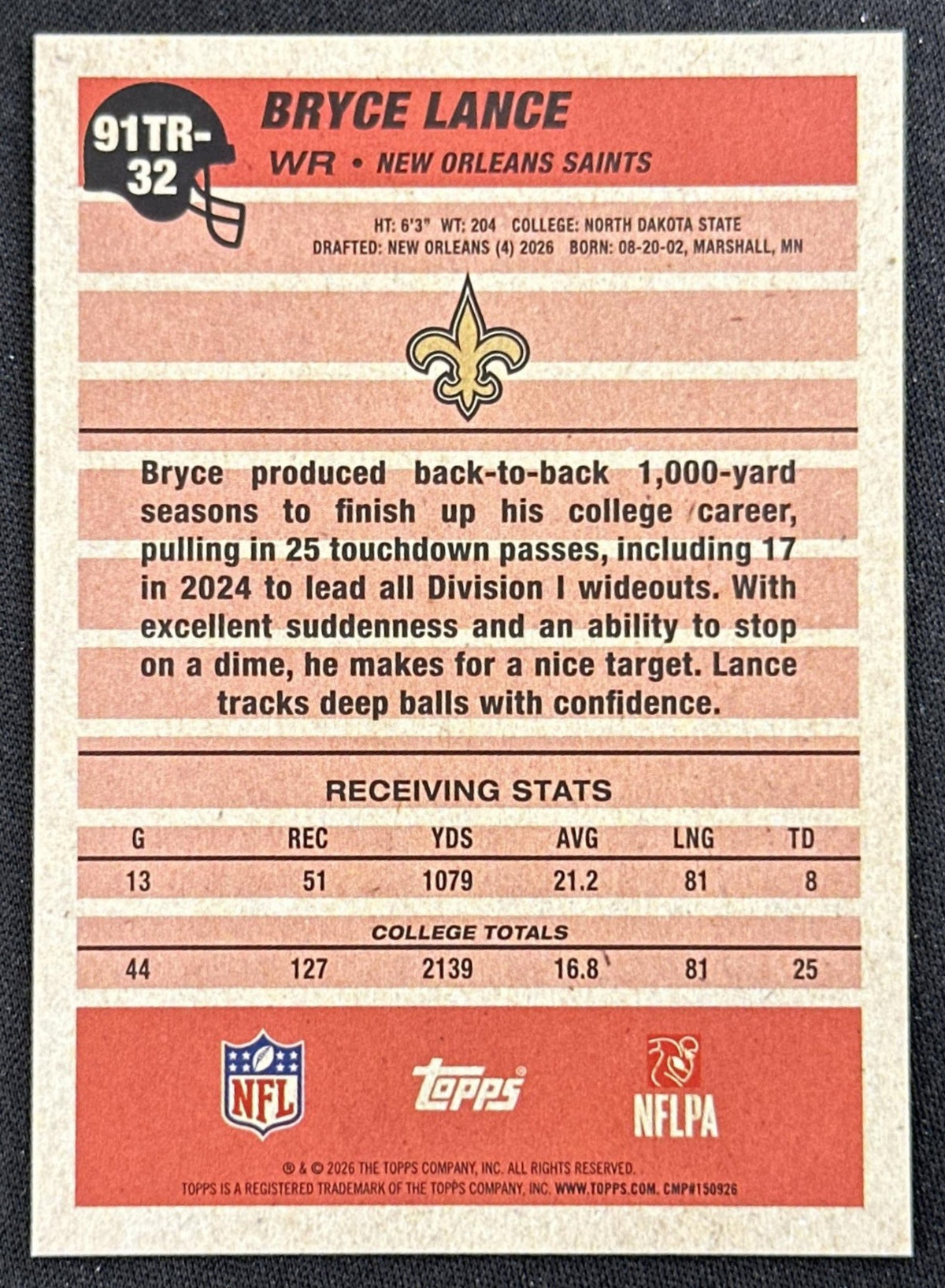 Bryce Lance 2026 Topps Flagship 1991 Rookie Saints