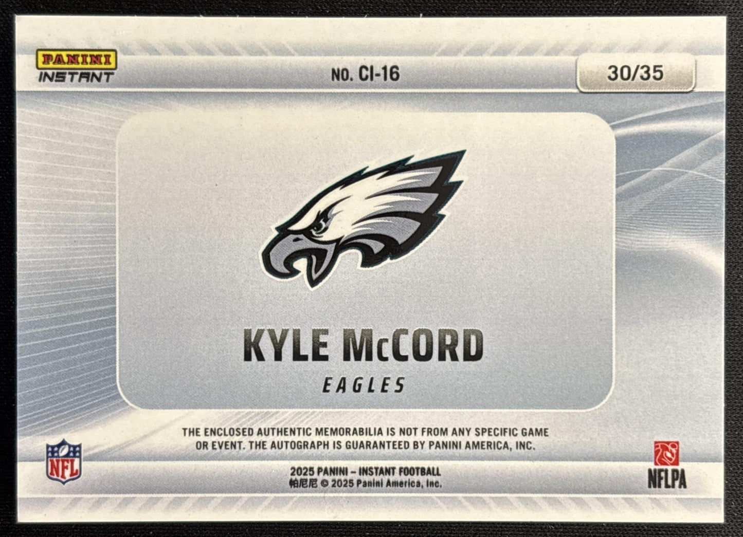 Kyle McCord 2025 Panini Clearly Instant RPA Rookie Auto /35 Eagles Sports Trading Cards