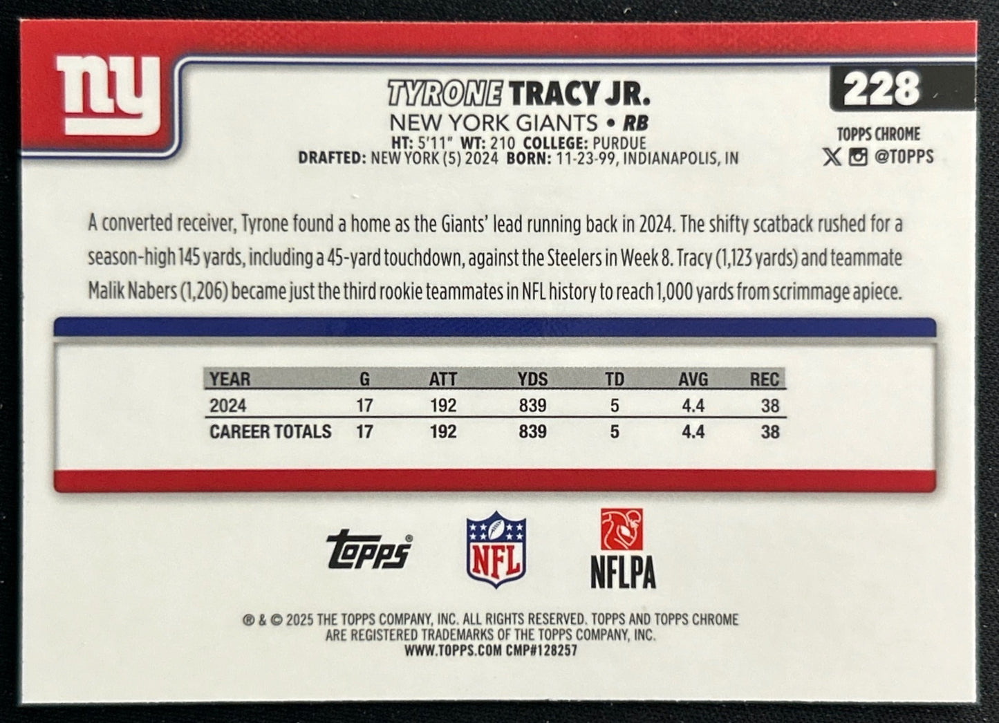 Tyrone Tracy Jr. 2025 Topps Chrome Giants Sports Trading Cards
