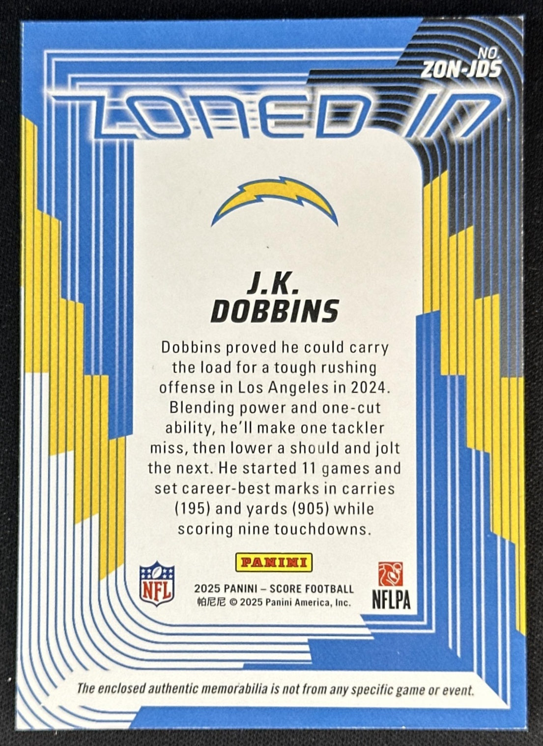 J.K. Dobbins 2025 Panini Score Zoned In Jerseys Chargers 1