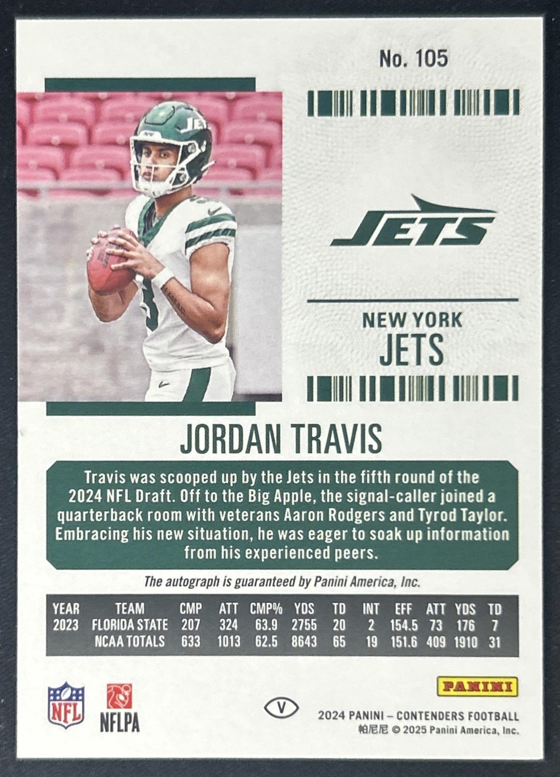 Jordan Travis 2024 Panini Contenders Rookie Ticket RPS Variation Auto Jets back