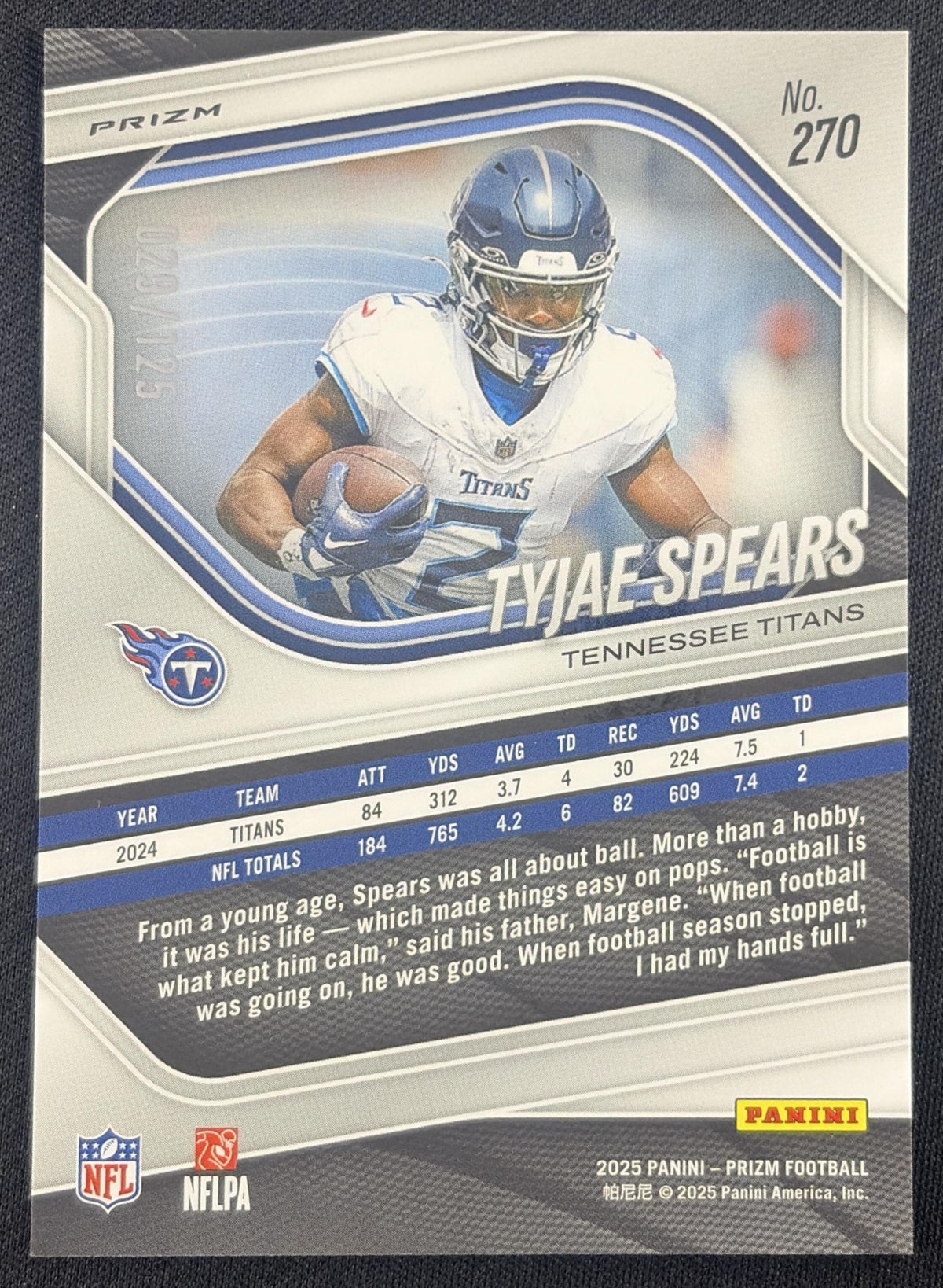 Tyjae Spears 2025 Panini Prizm No Huddle Blue /125 Titans Sports Trading Card