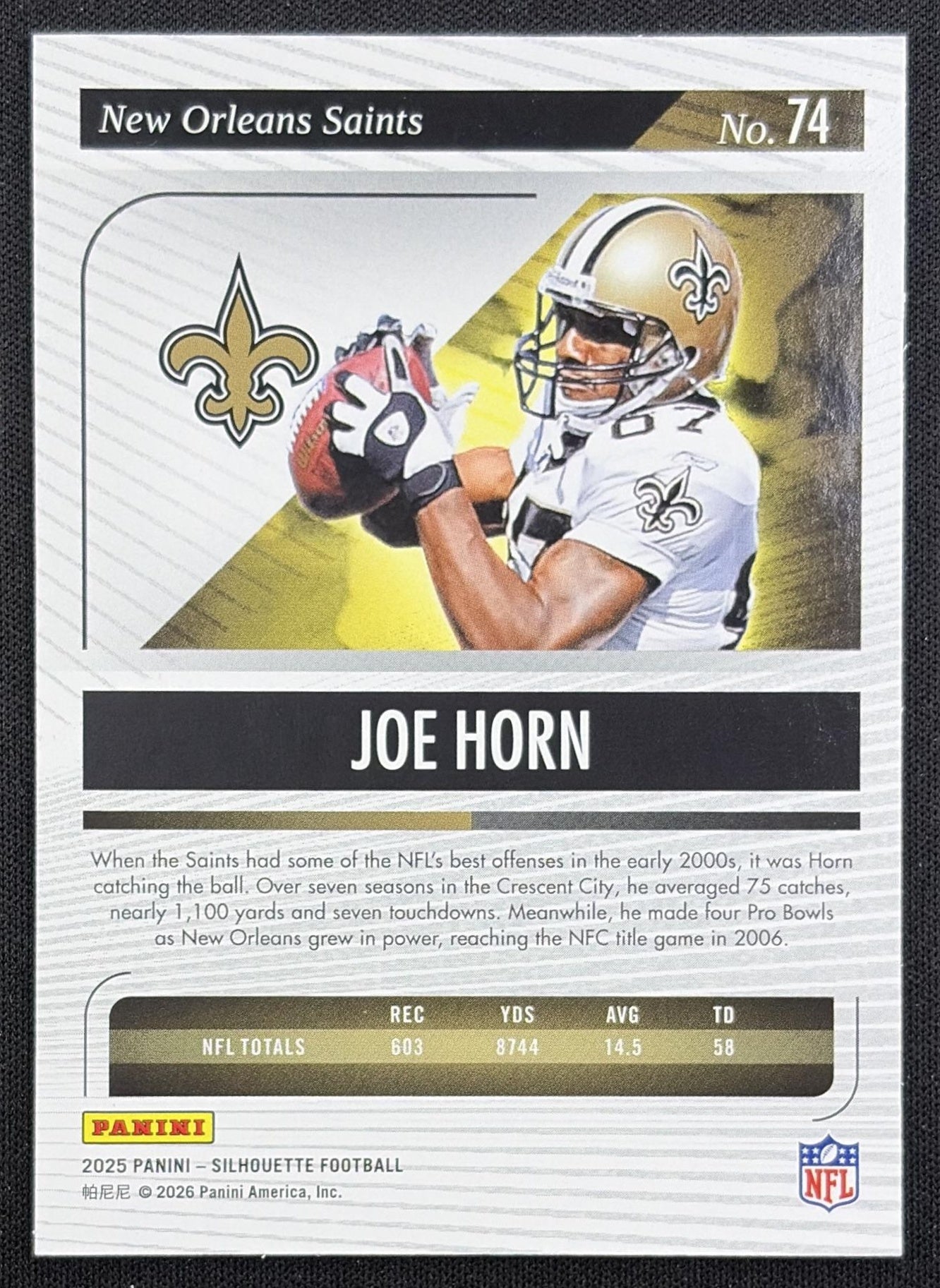Joe Horn 2025 Panini Silhouette Purple /125 Saints back