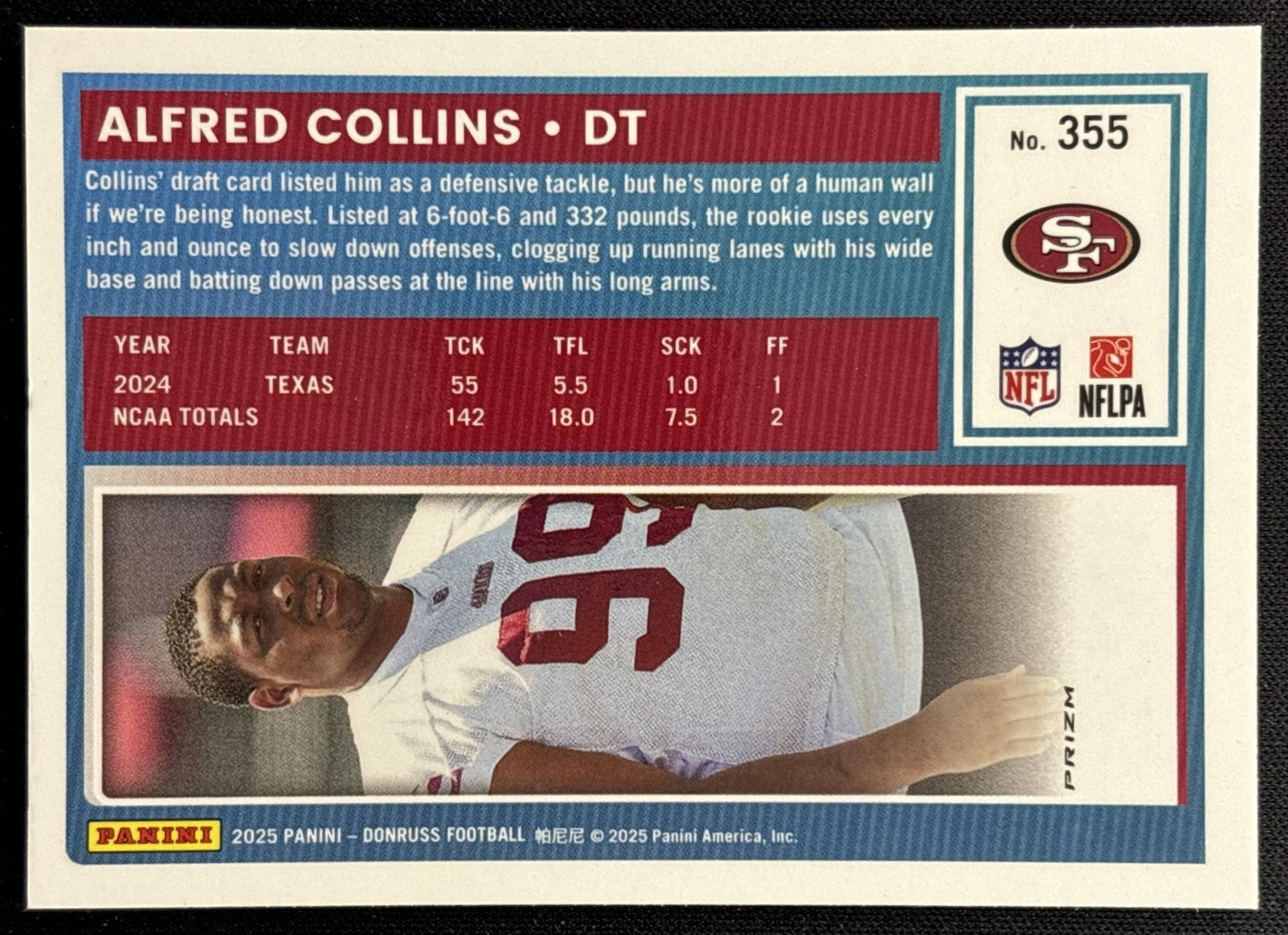 Alfred Collins 2025 Panini Donruss Optic Rated Rookie Preview Pink 49ers - Back