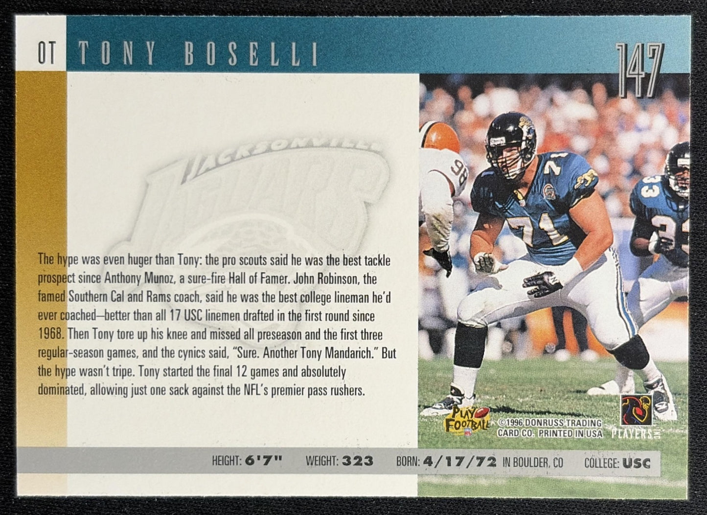 Tony Boselli 1996 Donruss Jaguars Back