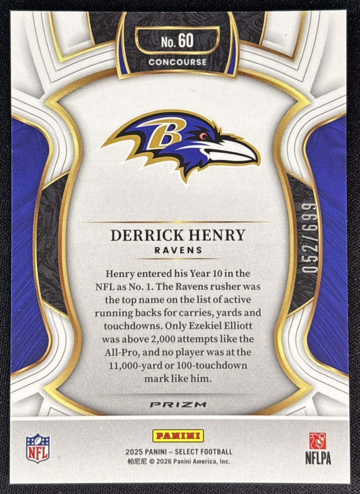 Derrick Henry 2025 Panini Select Concourse Purple Prizm Shock /699 Ravens back