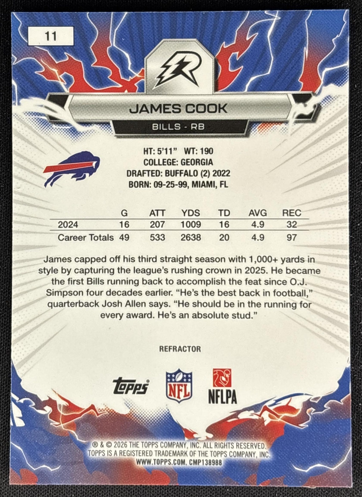 James Cook 2025 Topps Resurgence Refractor Bills back