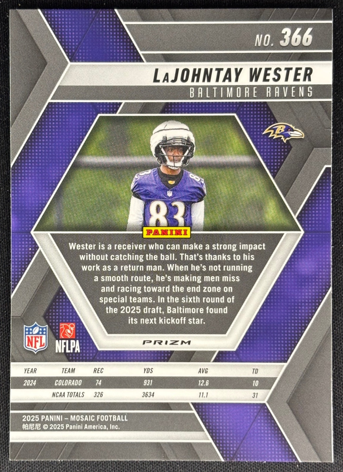 LaJohntay Wester 2025 Panini Mosaic Rookies Blue Scope Prizm Ravens Sports Trading Cards