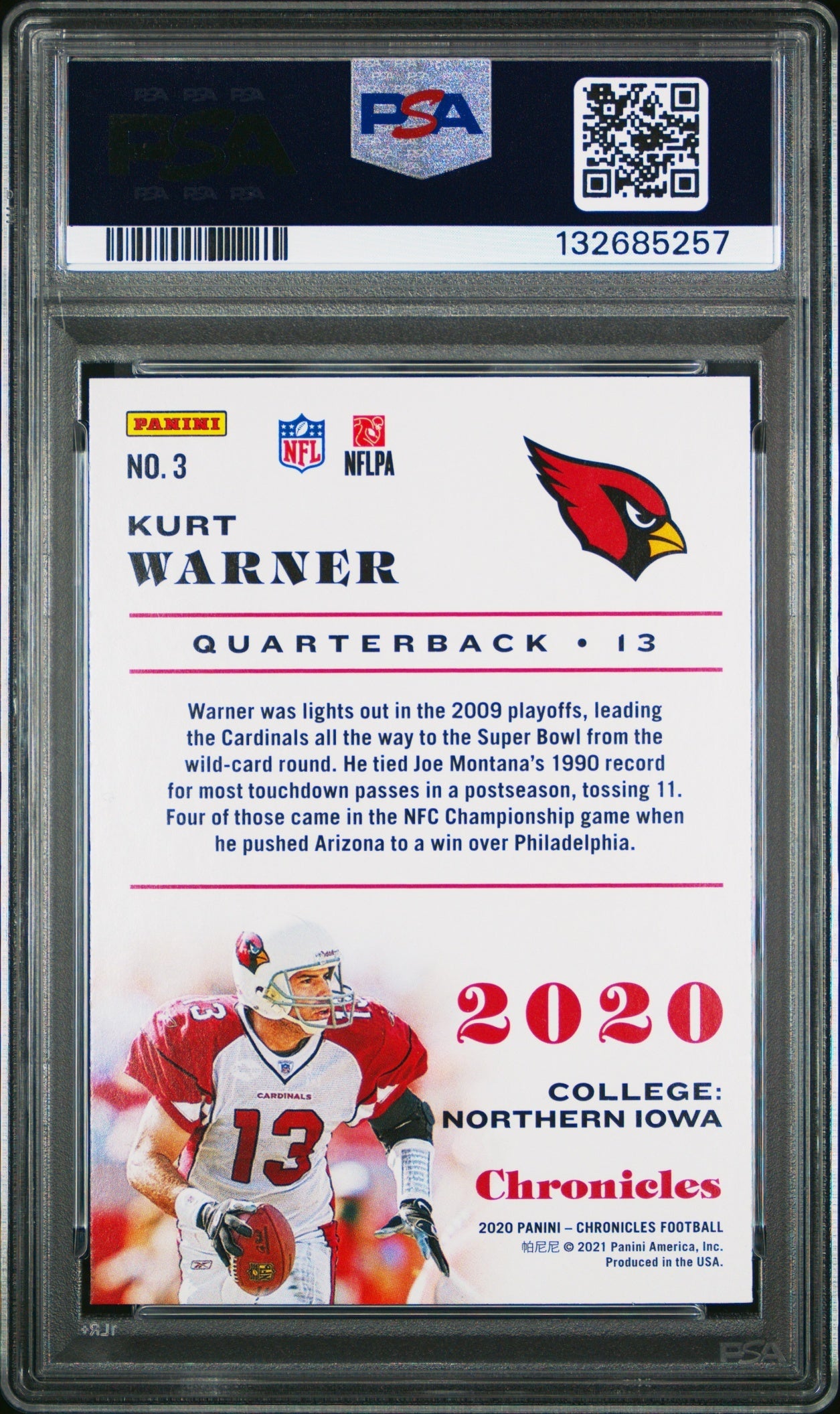 Kurt Warner 2020 Panini Chronicles PSA 10 Cardinals back