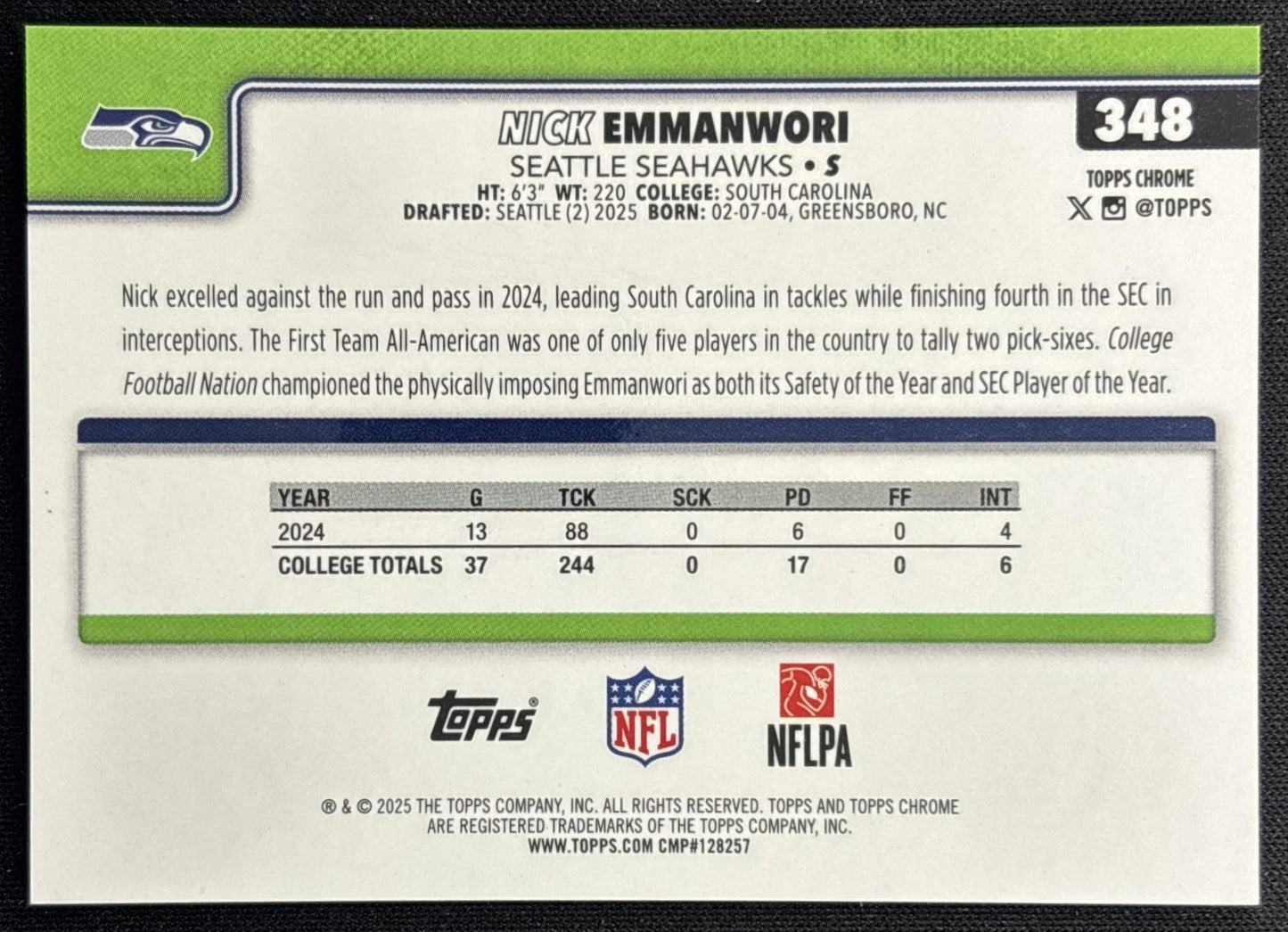 Nick Emmanwori 2025 Chrome Rookie Football Leather Gold Refractor /50 Seahawks Sports Trading Cards