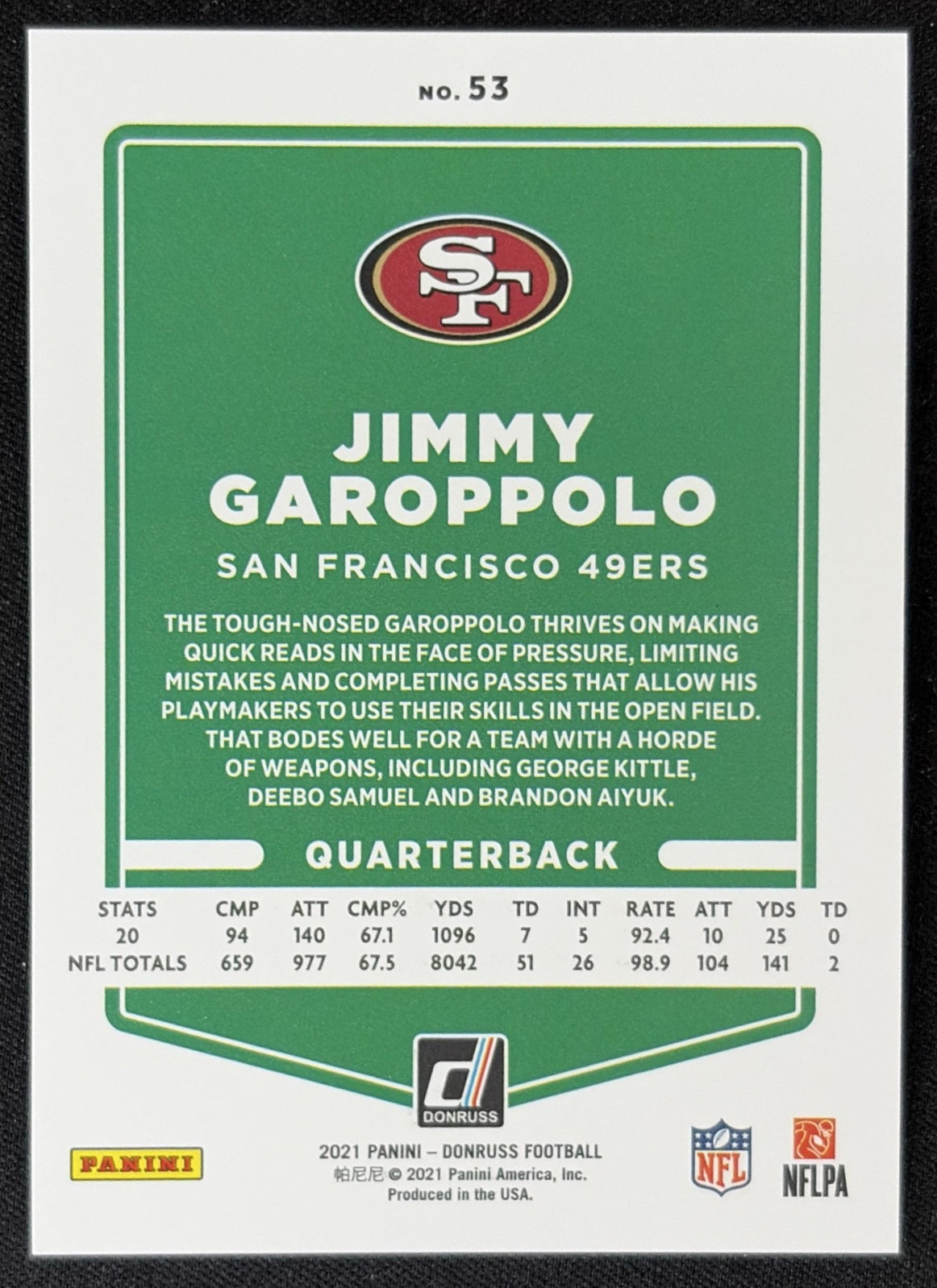 Jimmy Garoppolo 2021 Panini Donruss Press Proof Premium 49ers - San Francisco 49ers