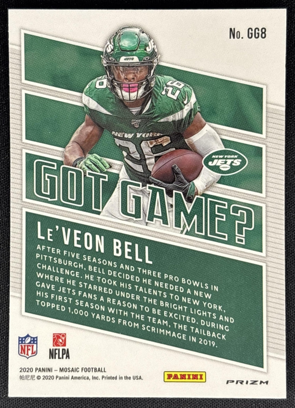 Le Veon Bell 2020 Panini Mosaic Got Game? Prizm Green Jets - Back