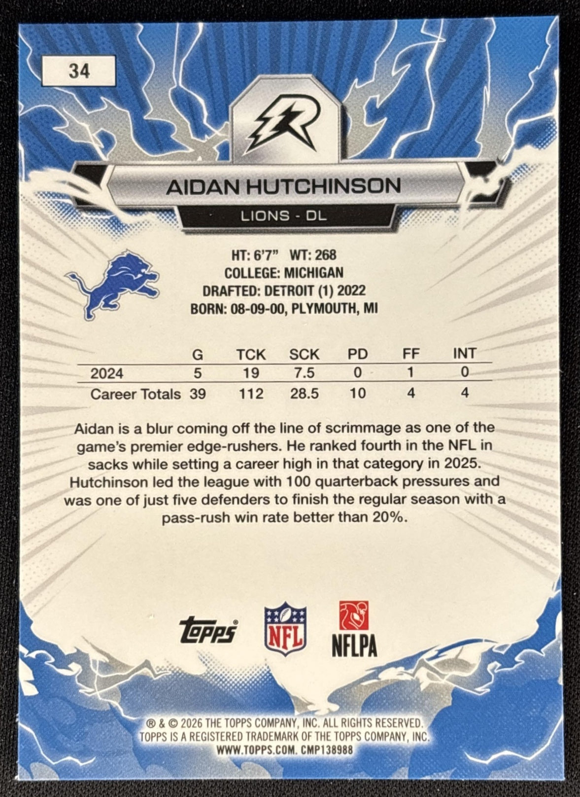 Aidan Hutchinson 2025 Topps Resurgence Lions Detroit Lions back