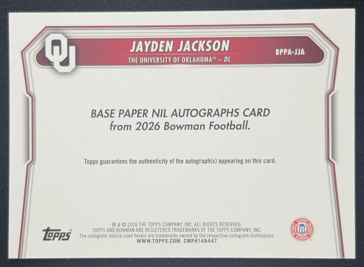 Jayden Jackson 2026 Bowman Paper Prospect Auto Green /99 Sooners Sports Trading Card