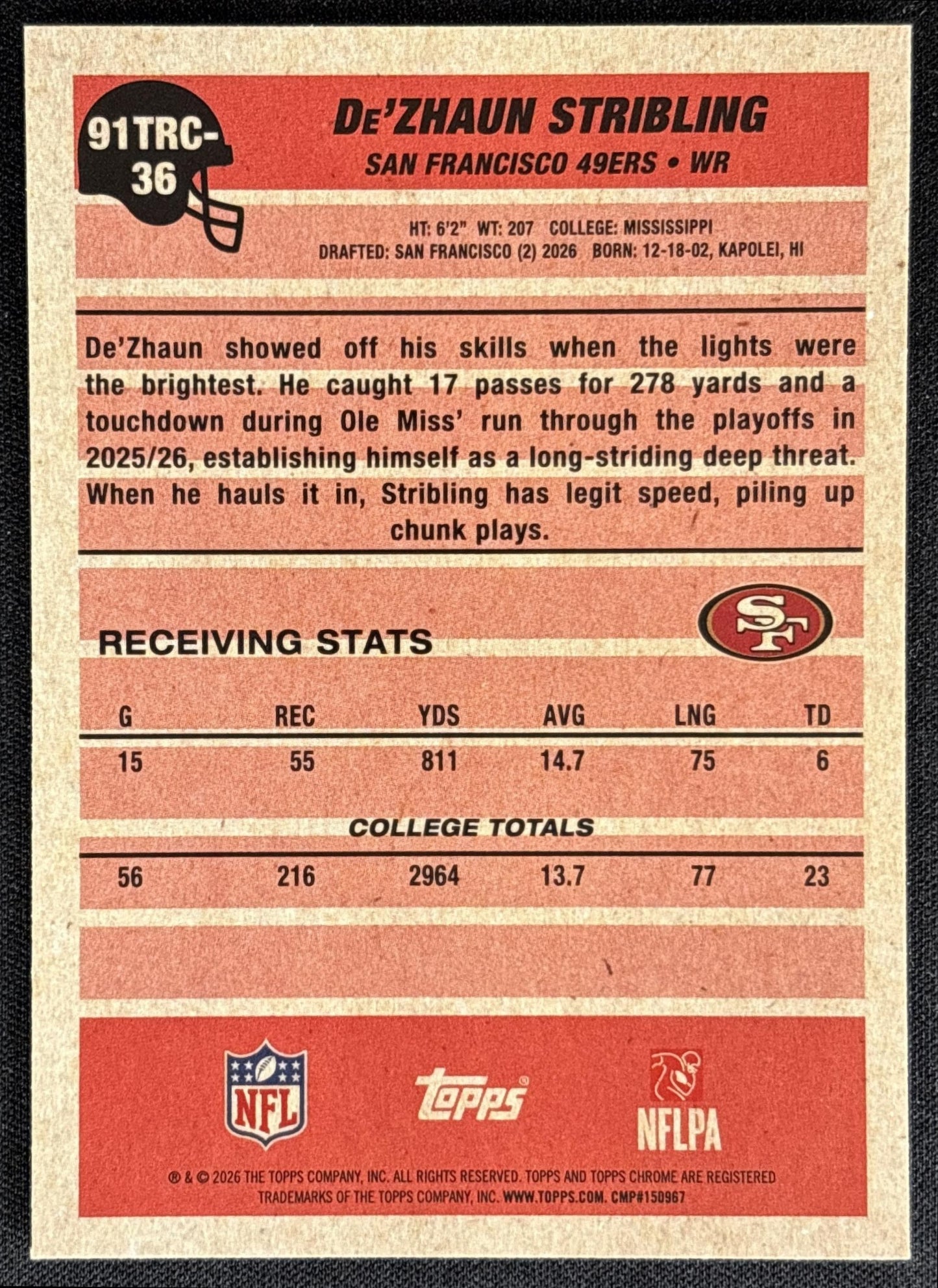 De'Zhaun Stribling 2026 Topps 1991 Chrome Rookie Mojo Refractor 49ers - back