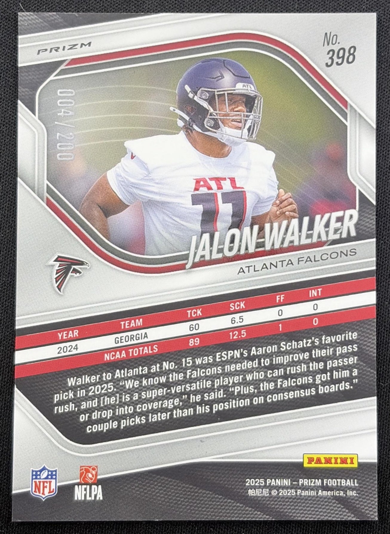 Jalon Walker 2025 Panini Prizm Hyper /200 Falcons