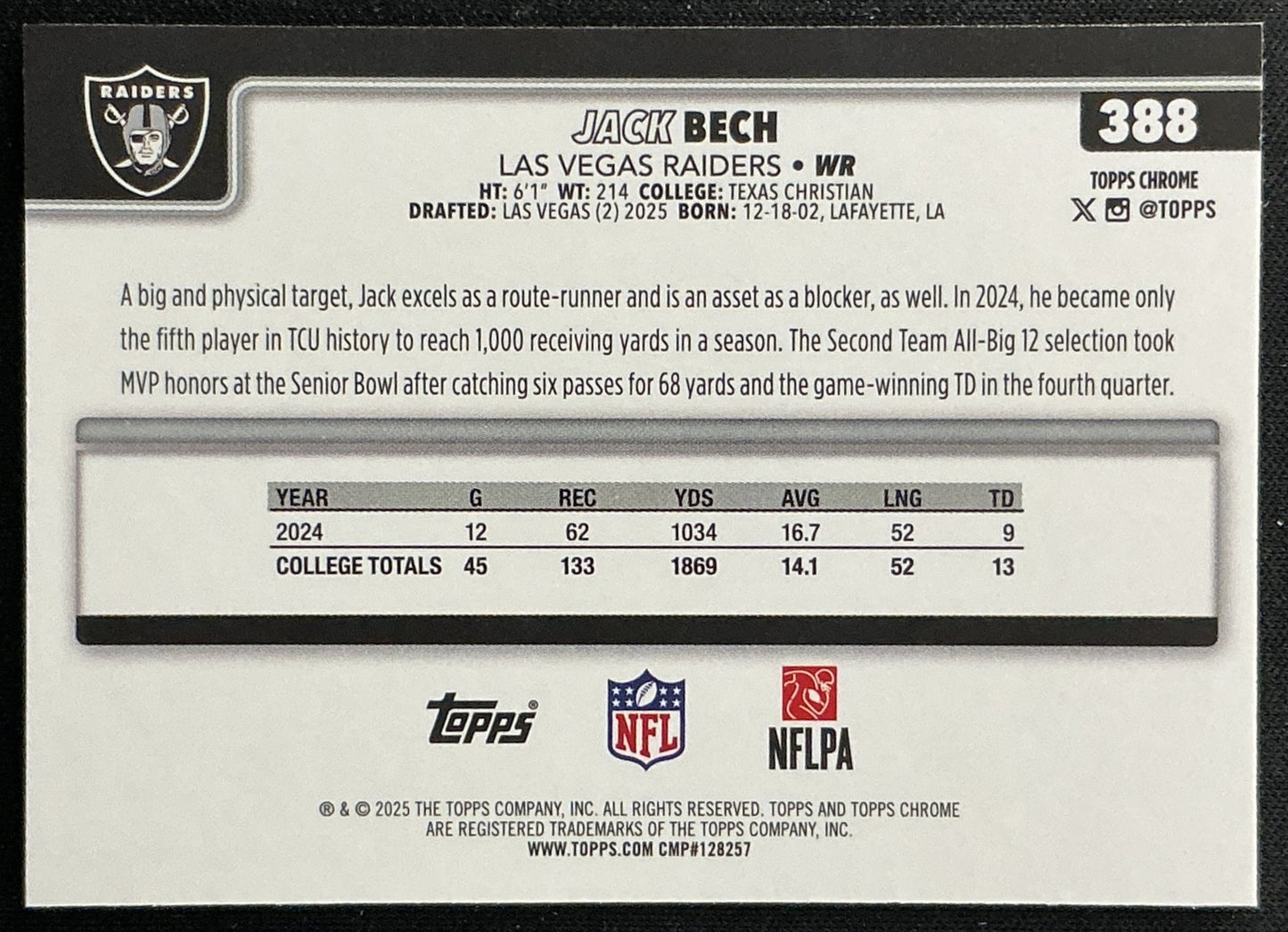 Jack Bech 2025 Topps Chrome Rookie Raiders Sports Trading Cards