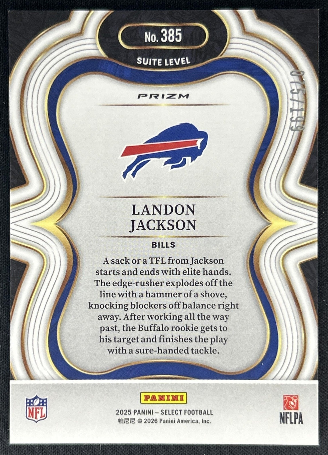 Landon Jackson 2025 Panini Select Suite Level Tri-Color Prizm /199 Bills back
