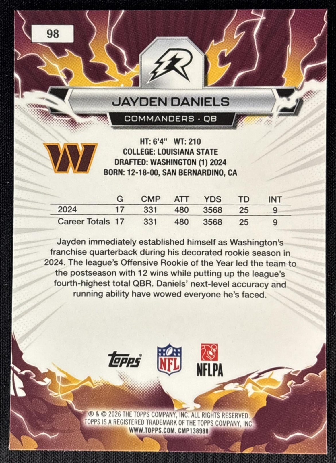Jayden Daniels 2025 Resurgence Sky Blue and Pink Shock Refractor Commanders Washington Commanders Sports Trading Cards