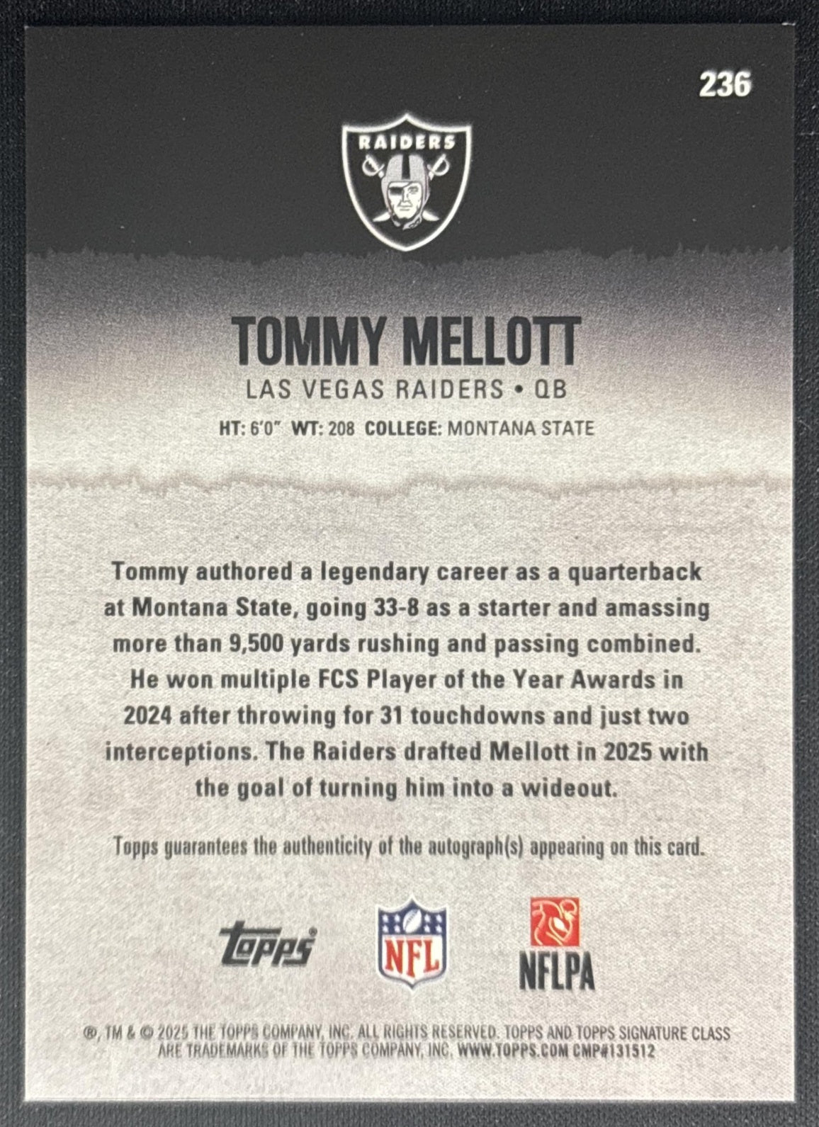 Tommy Mellott 2025 Topps Signature Class Rookie Auto Raiders Sports Trading Cards