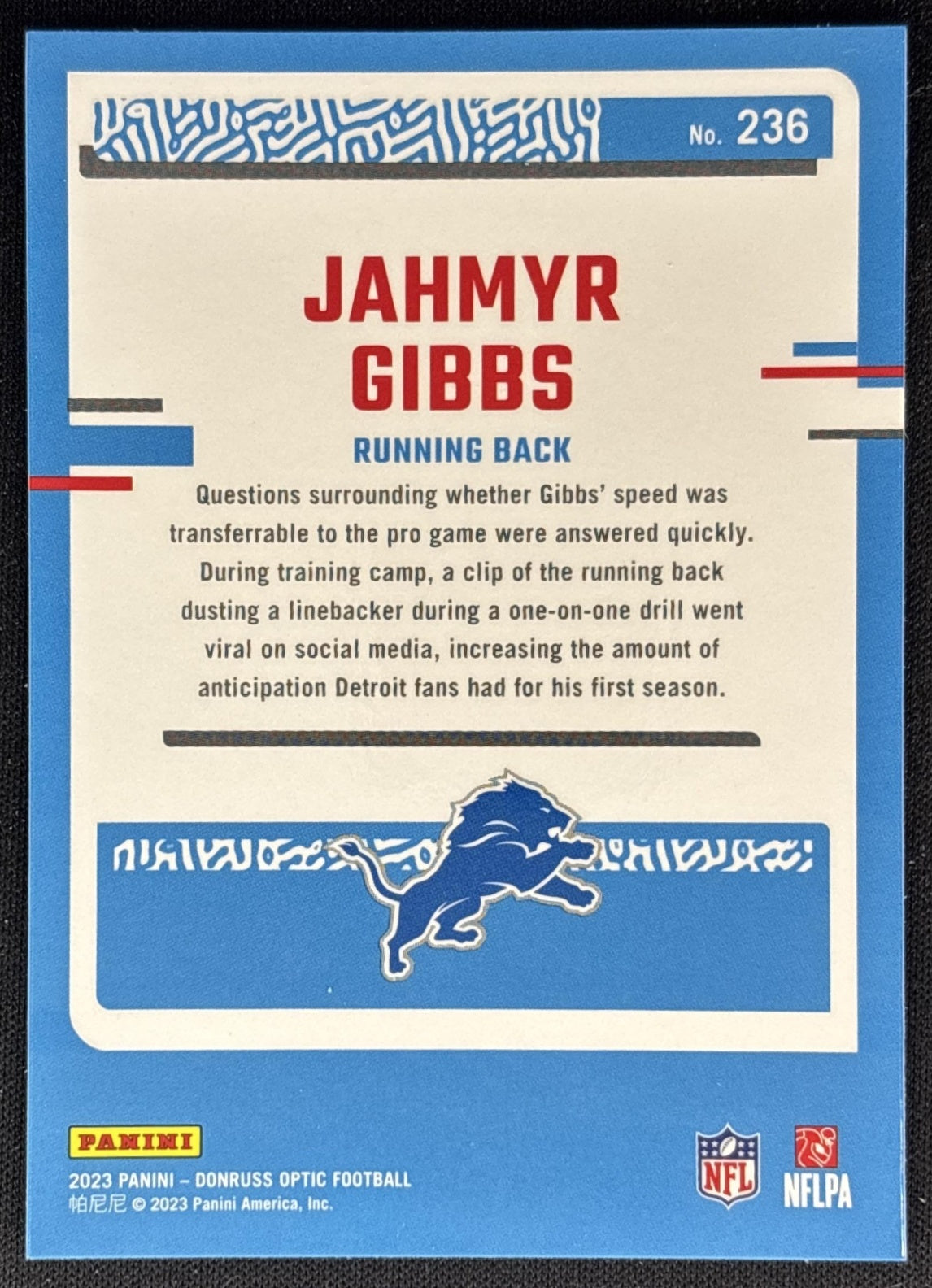 Jahmyr Gibbs 2023 Panini Donruss Optic Lions Back