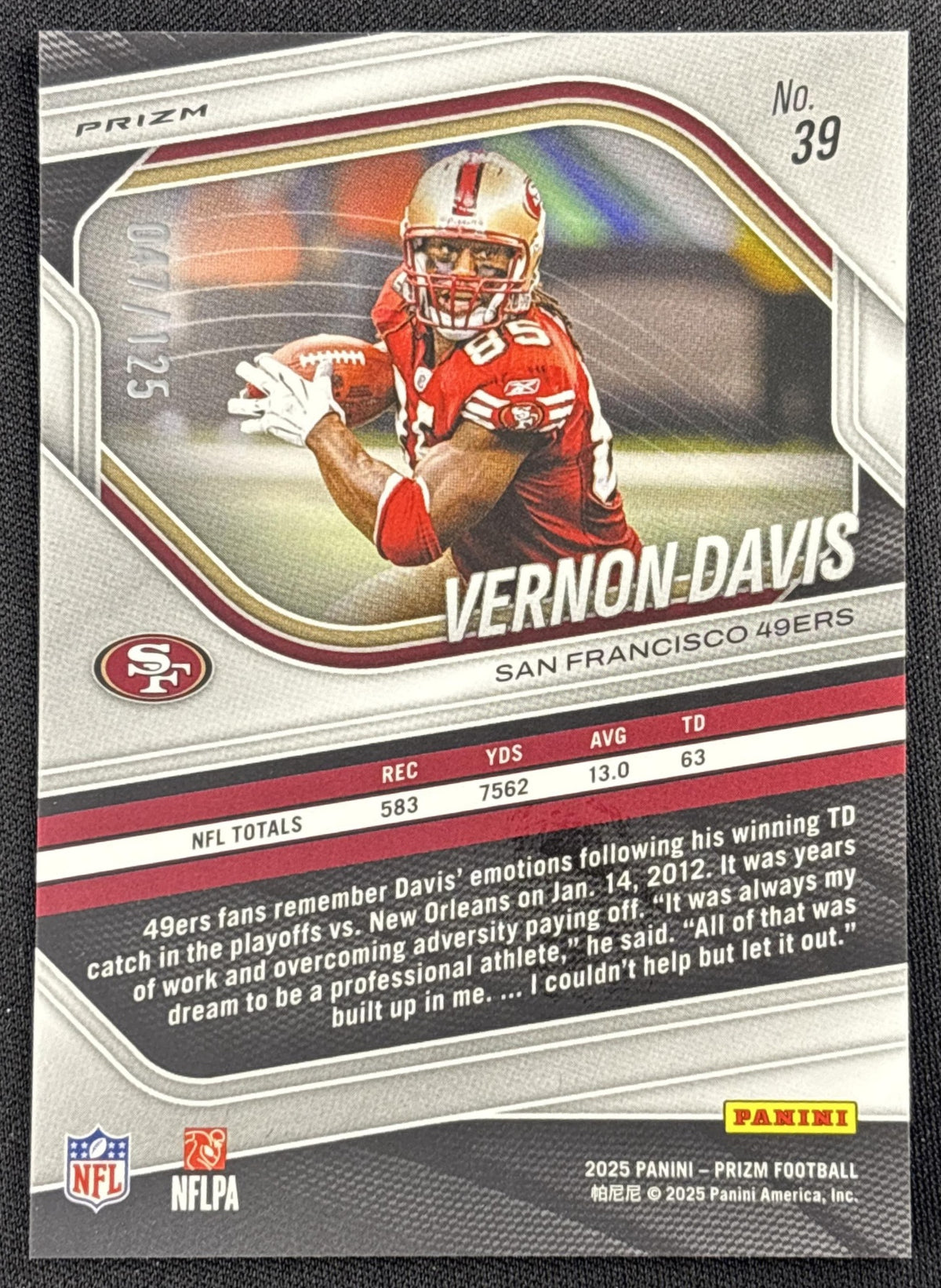 Vernon Davis 2025 Panini Prizm No Huddle Blue /125 49ers