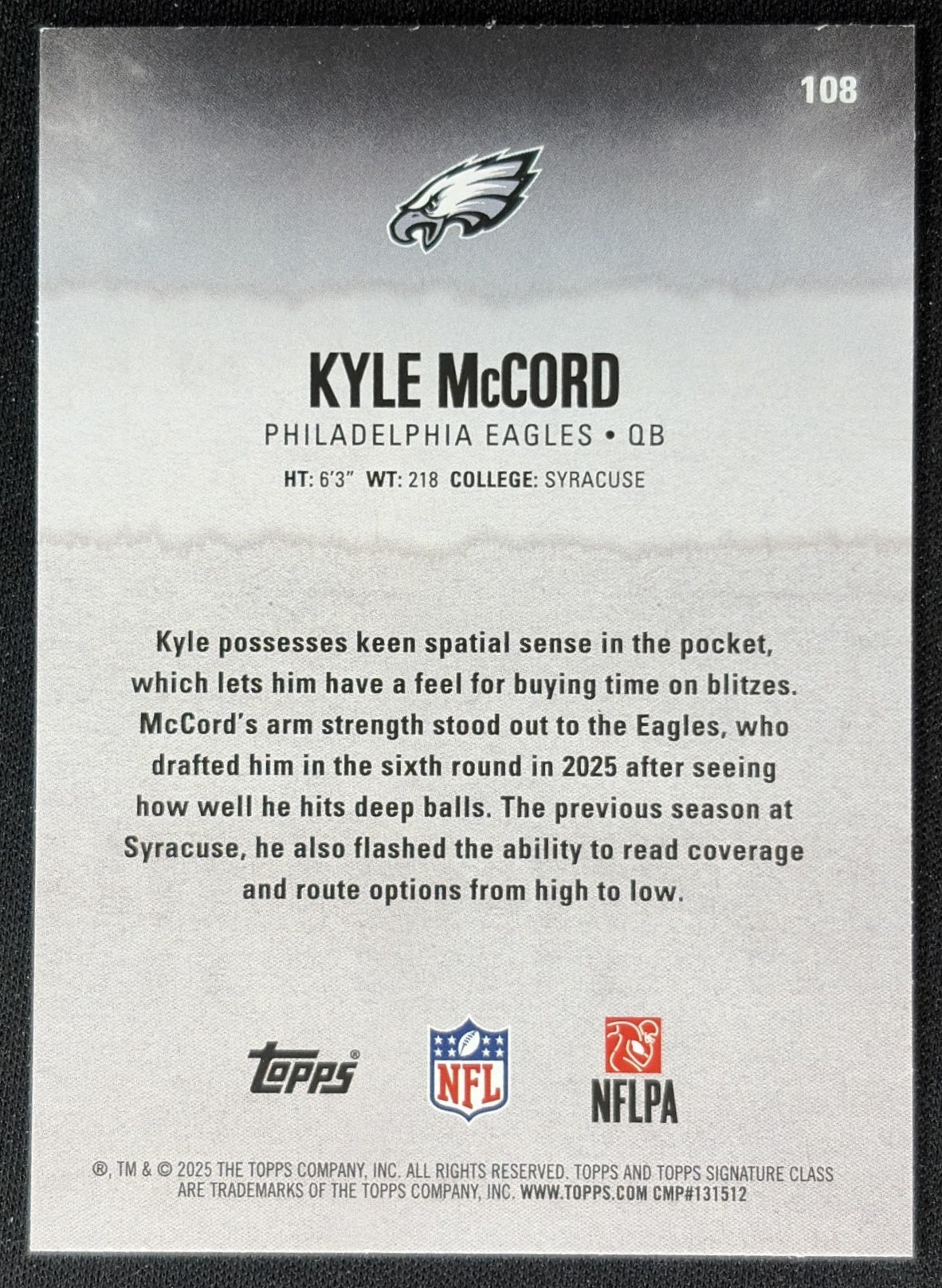 Kyle McCord 2025 Topps Signature Class Rookie Red & Black Foil Eagles Sports Trading Cards
