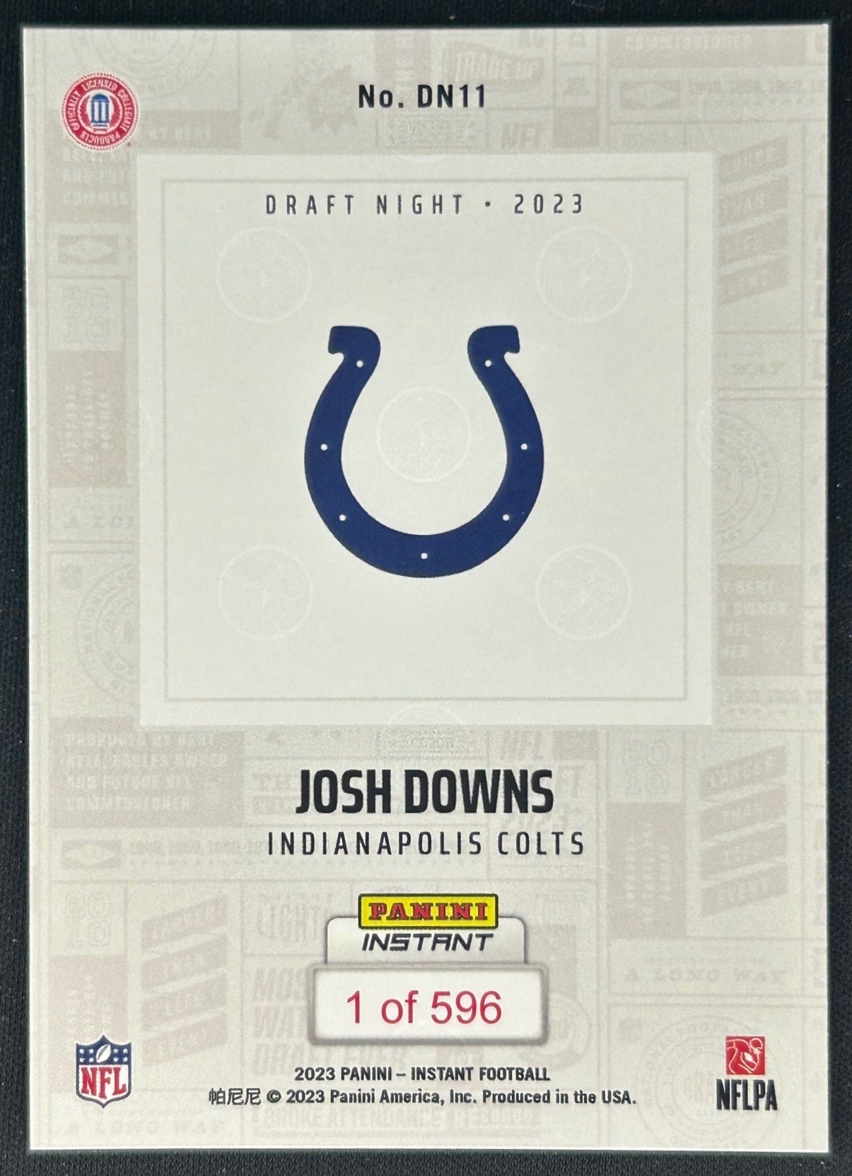 Josh Downs 2023 Panini Instant NFL Draft Night Colts Sports Trading Cards