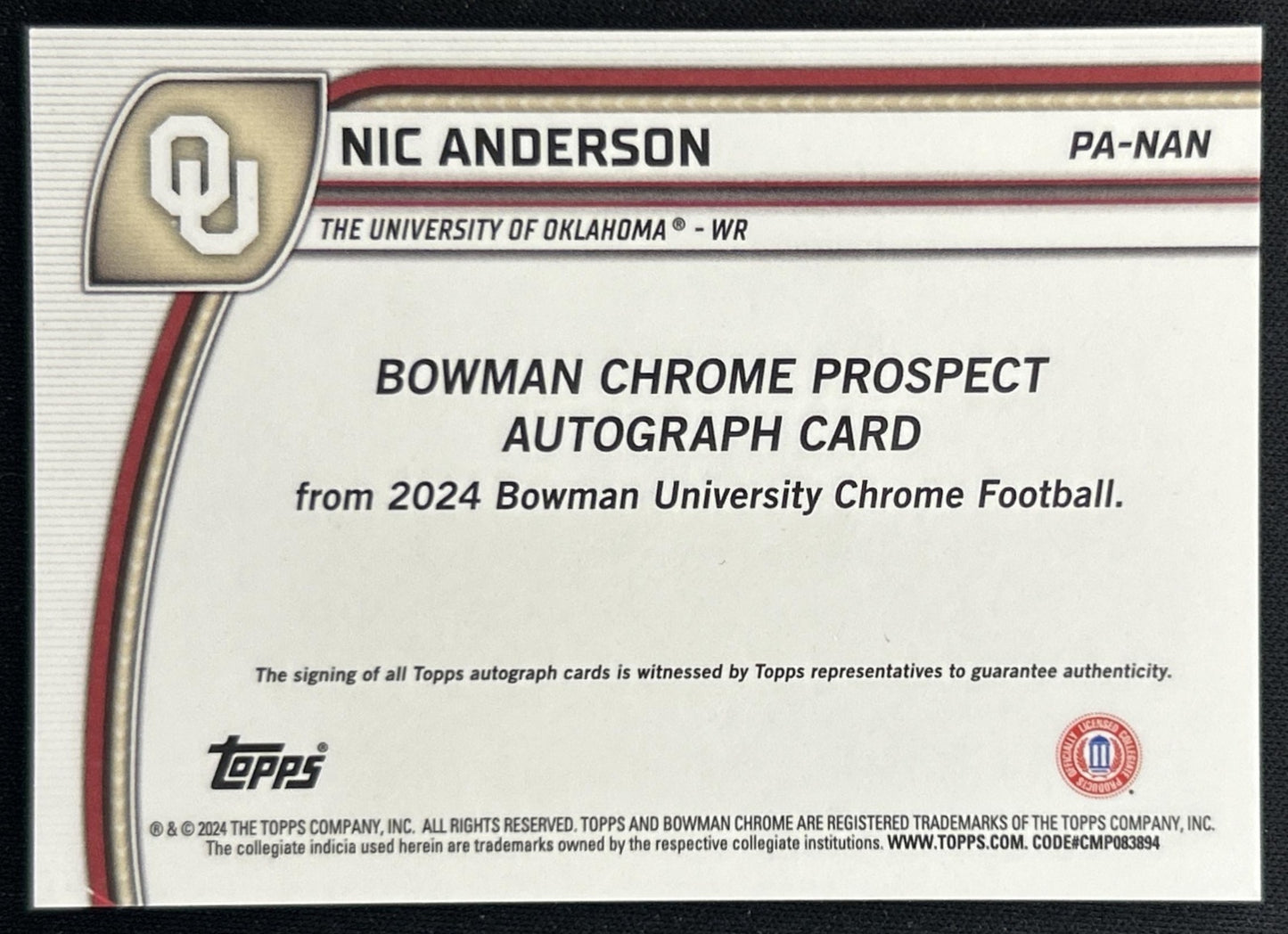 Nic Anderson 2024 Bowman Chrome University Prospect Auto Sooners back
