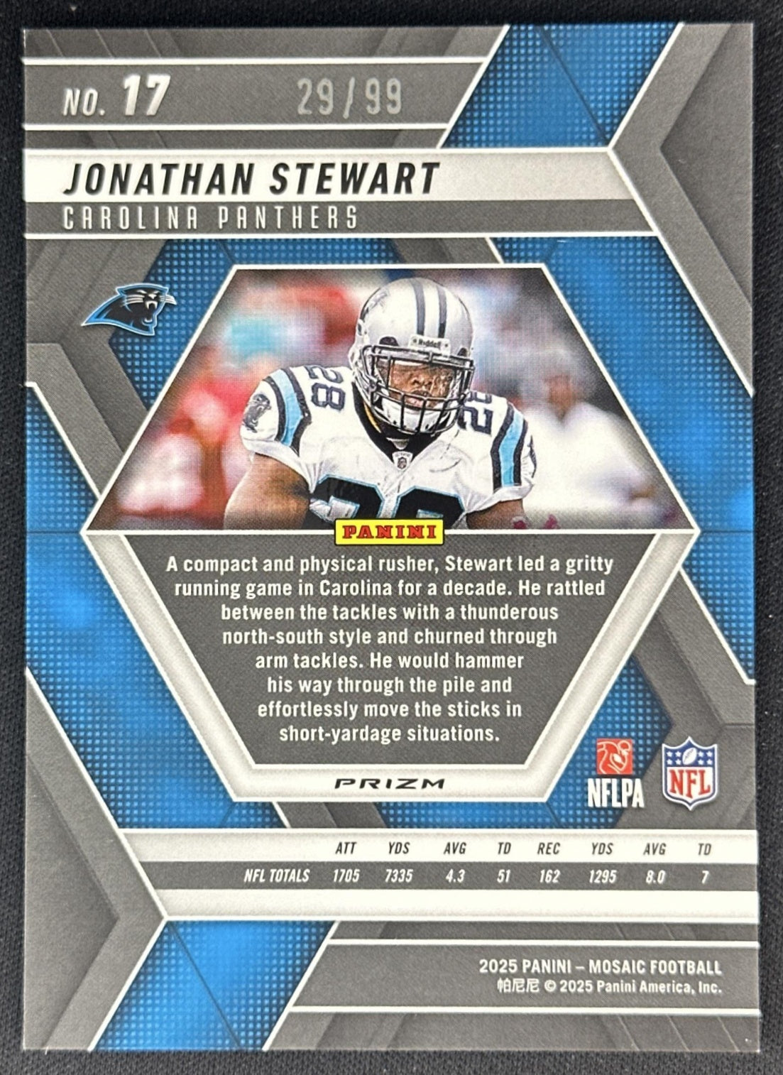 Jonathan Stewart 2025 Panini Mosaic No Huddle Blue Prizm /99 Panthers Sports Trading Cards