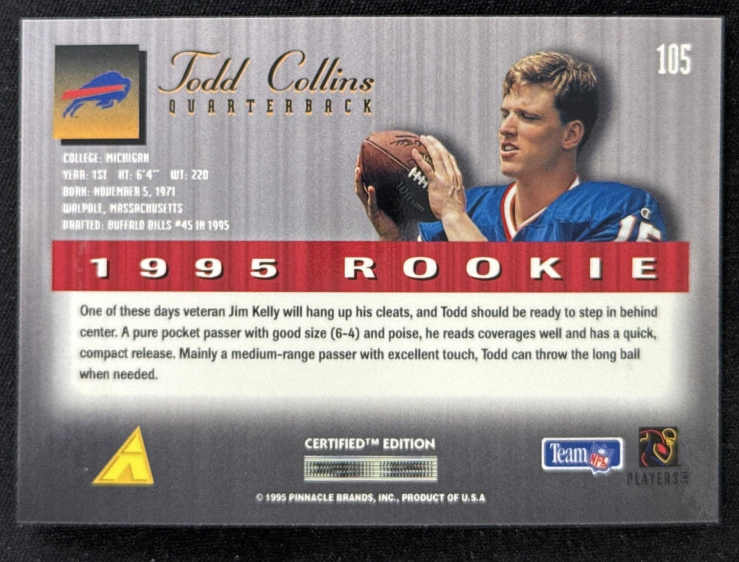 Todd Collins 1995 Pinnacle Select Certified Bills Sports Trading Card