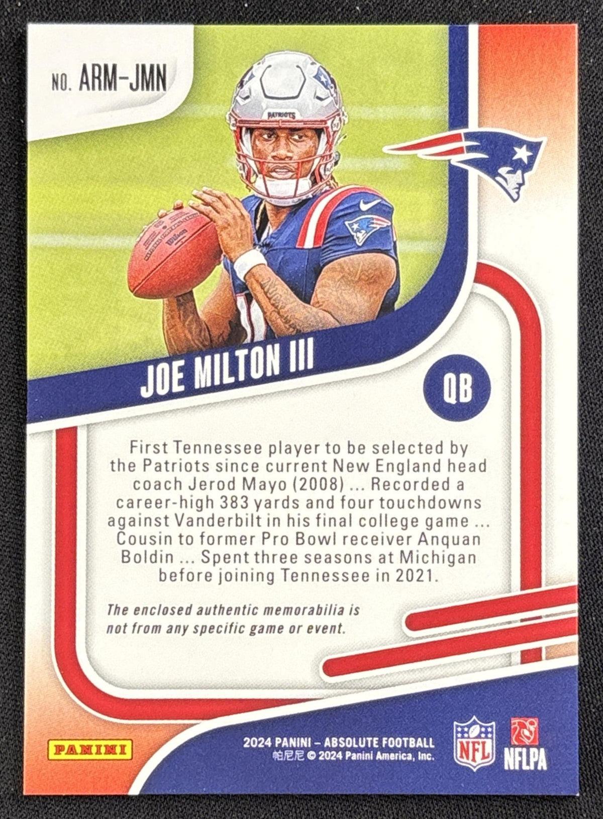 Joe Milton III 2024 Panini Absolute Rookie Materials Patriots