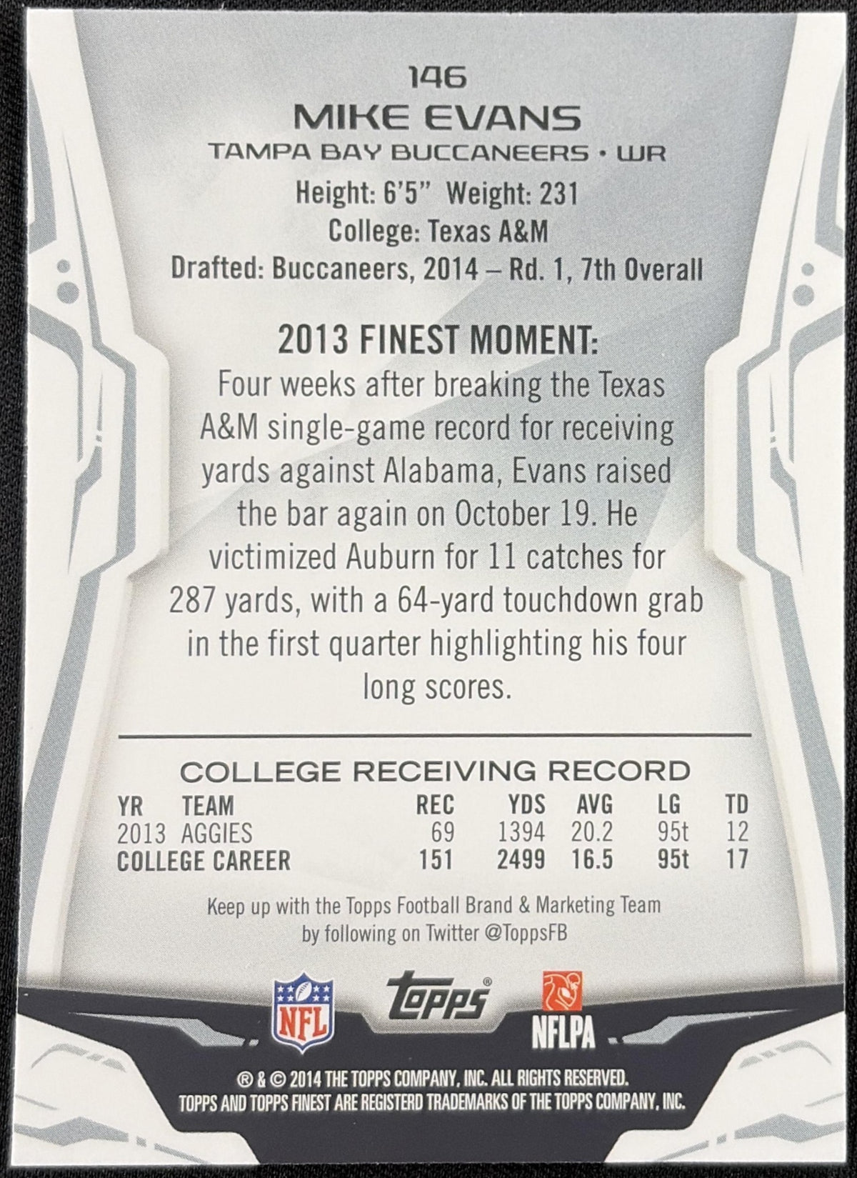 Mike Evans 2014 Topps Finest Refractor Buccaneers Sports Trading Card