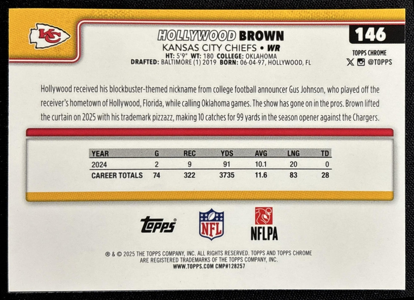 Hollywood Brown 2025 Topps Chrome Blue Refractor /150 Chiefs