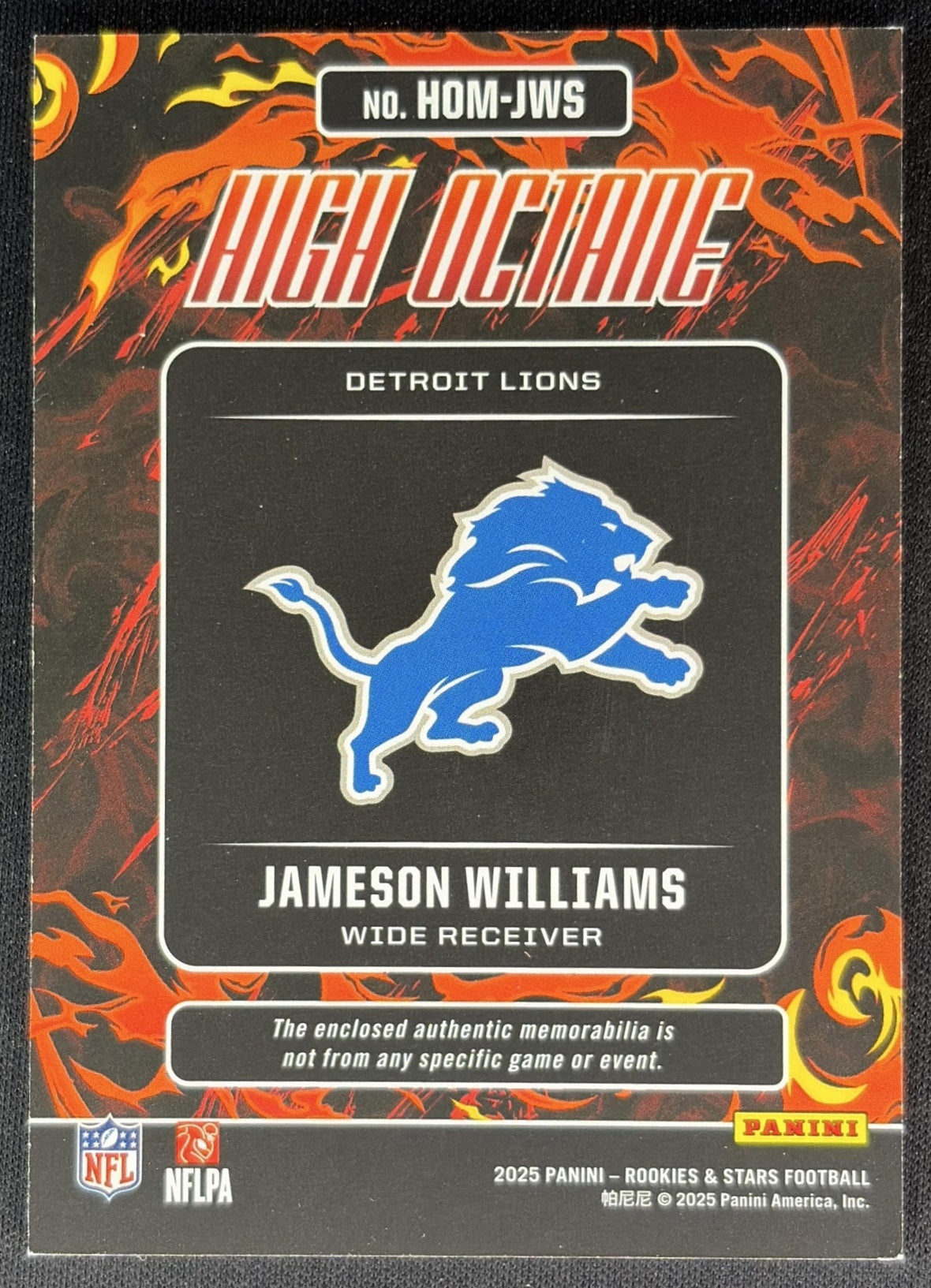 Jameson Williams 2025 Rookies & Stars High Octane Memorabilia Prime /49 Lions Sports Trading Cards