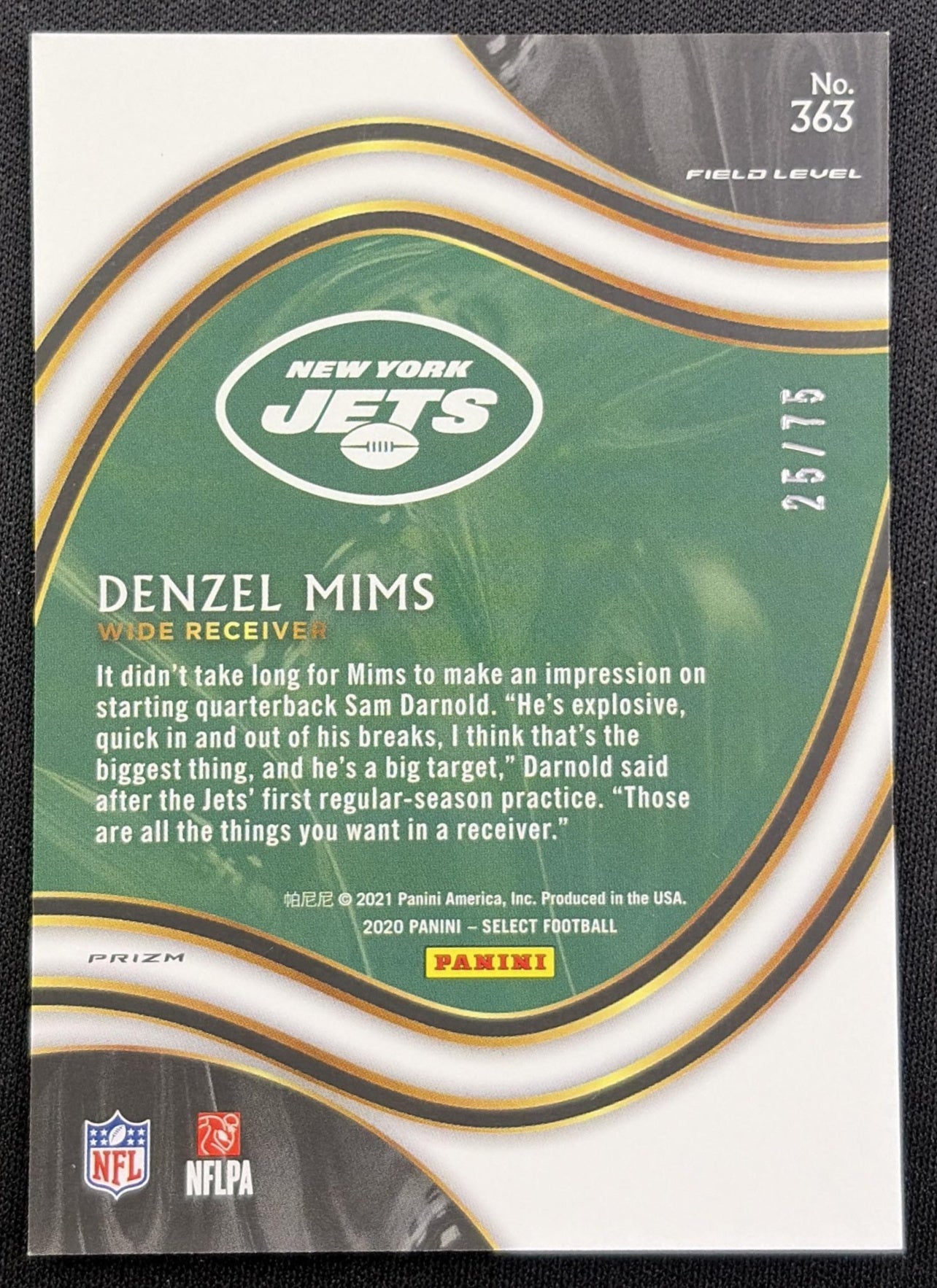 Denzel Mims 2020 Panini Select Tri Color Prizm /75 Jets back