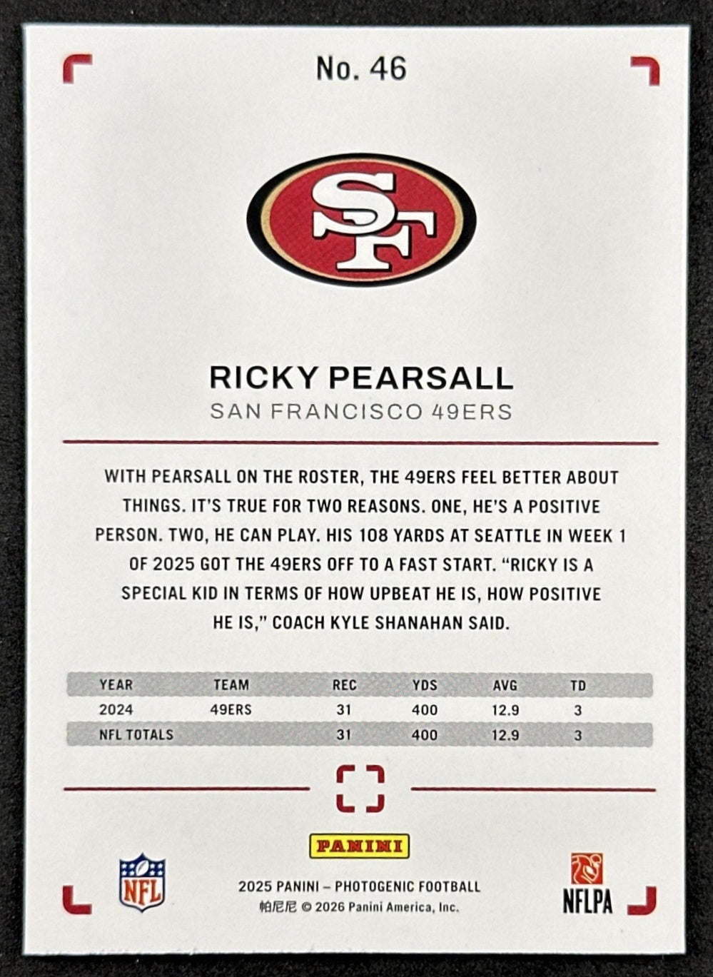 Ricky Pearsall 2025 Panini PhotoGenic 49ers back