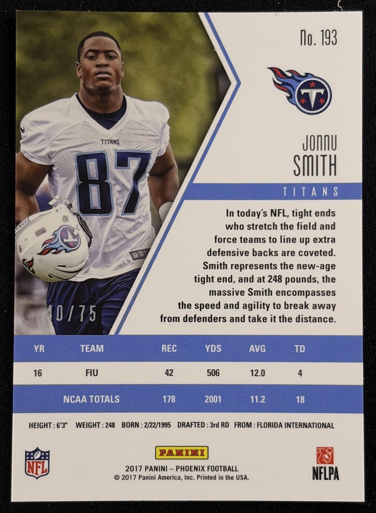 Jonnu Smith 2017 Panini Phoenix Yellow /75 Titans Sports Trading Card