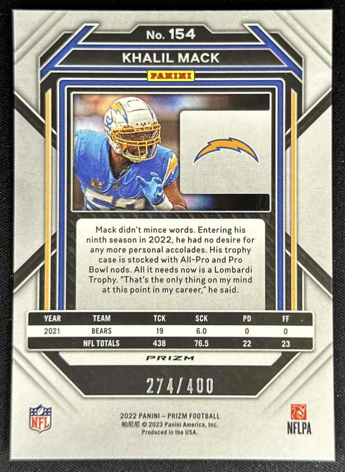 Khalil Mack 2022 Panini Prizm Pandora /400 Chargers