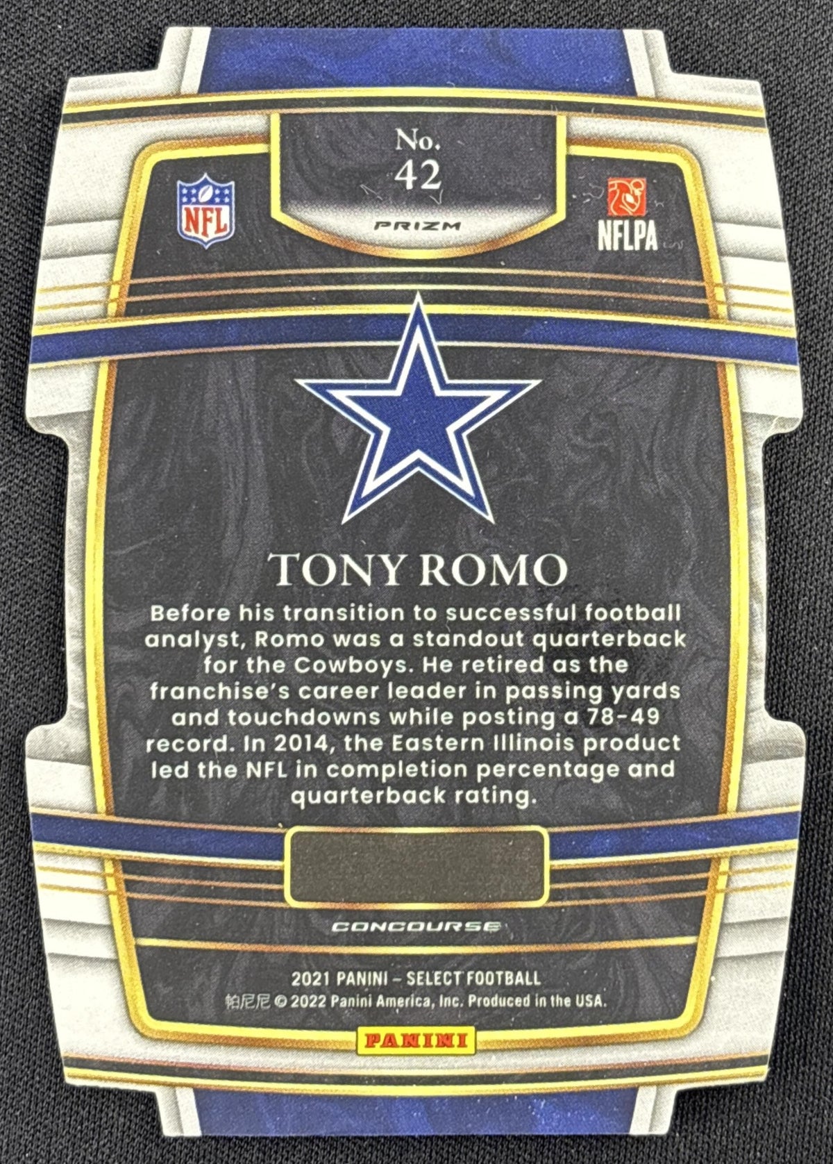 Tony Romo 2021 Panini Select Black and Gold Prizm Die Cut Cowboys