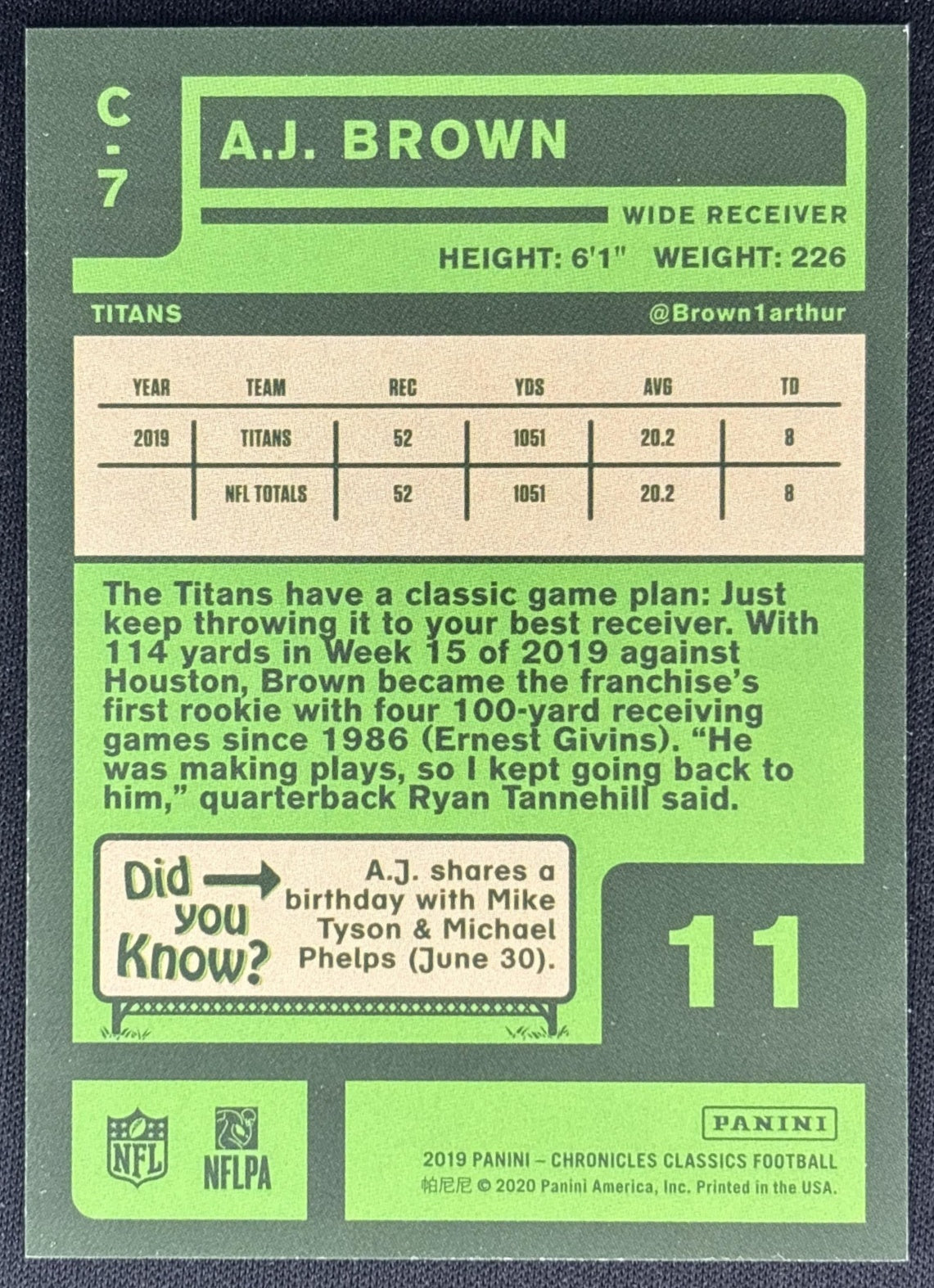 A.J. Brown 2020 Panini Chronicles Titans Back