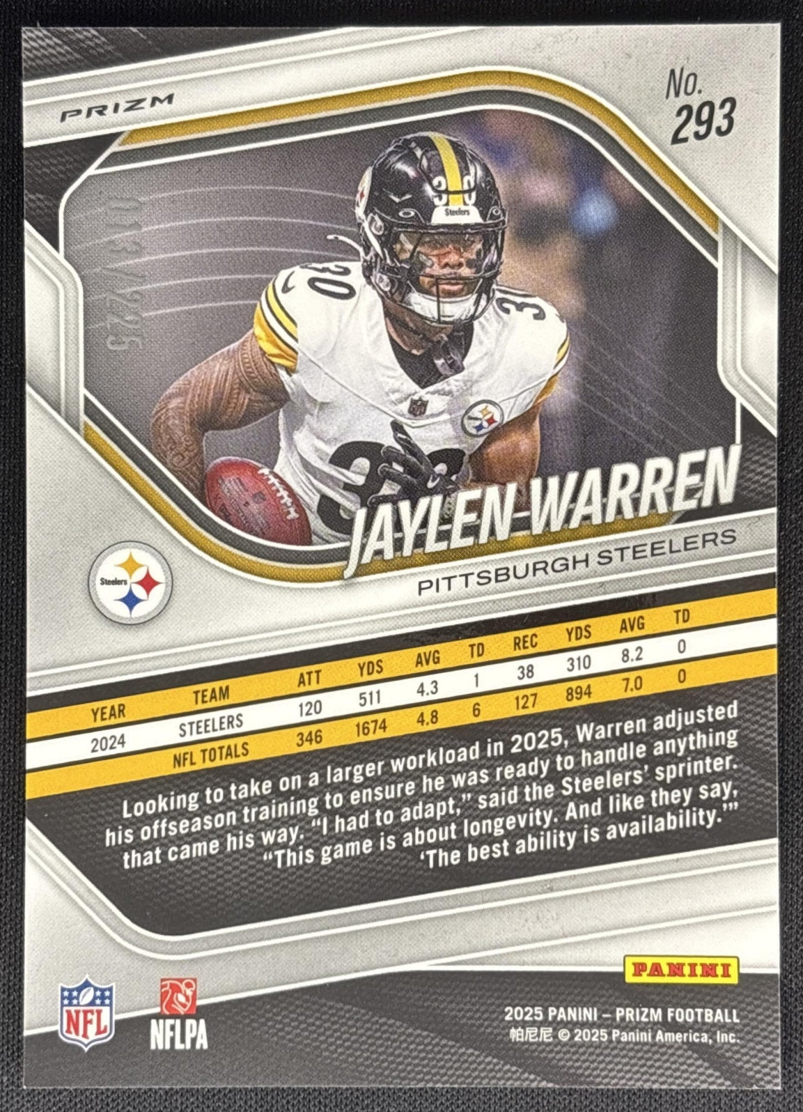 Jaylen Warren 2025 Panini Prizm Purple Ice /225 Steelers Sports Trading Card