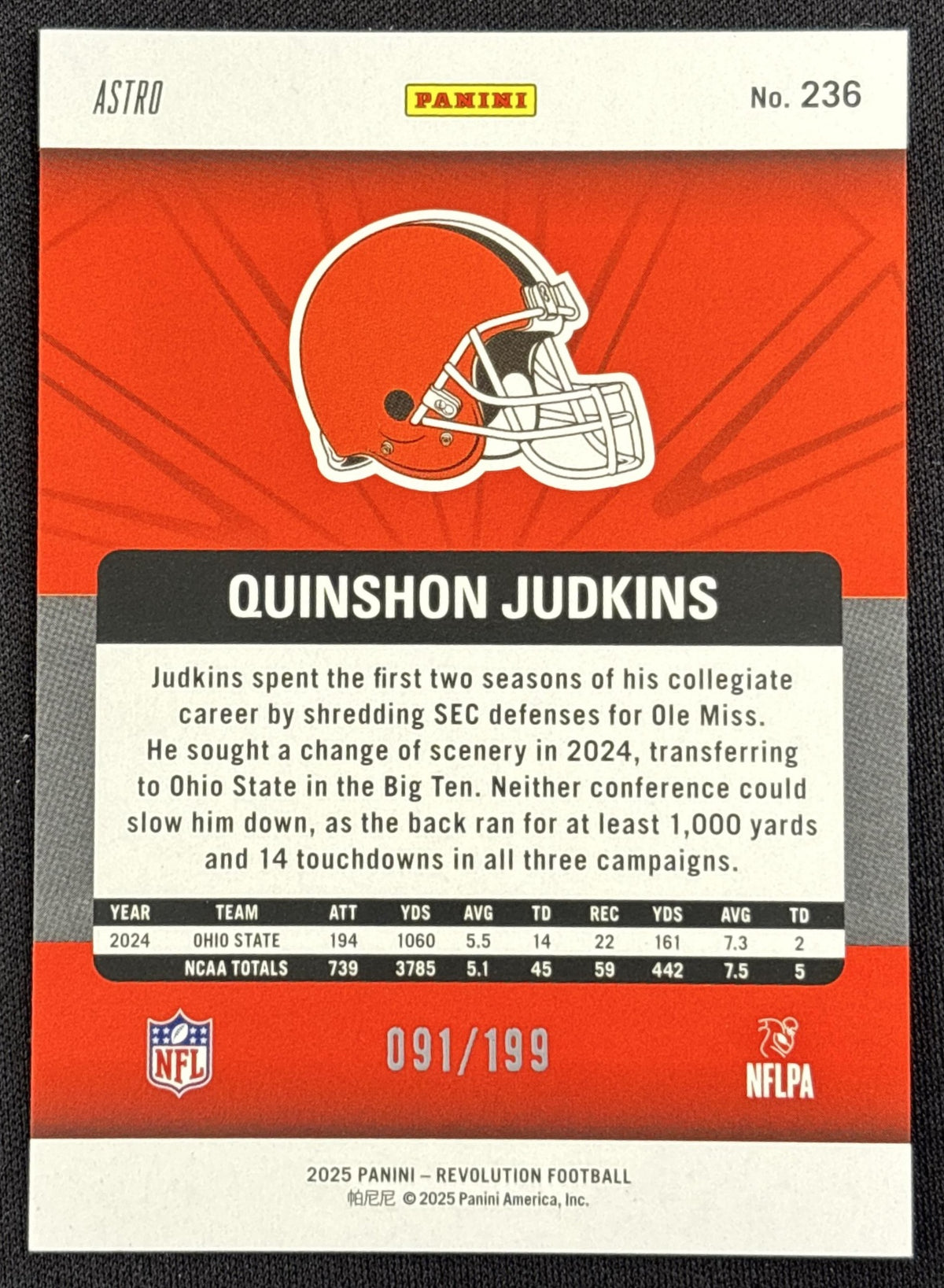 Quinshon Judkins 2025 Panini Revolution Rookies Purple Astro /199 Browns