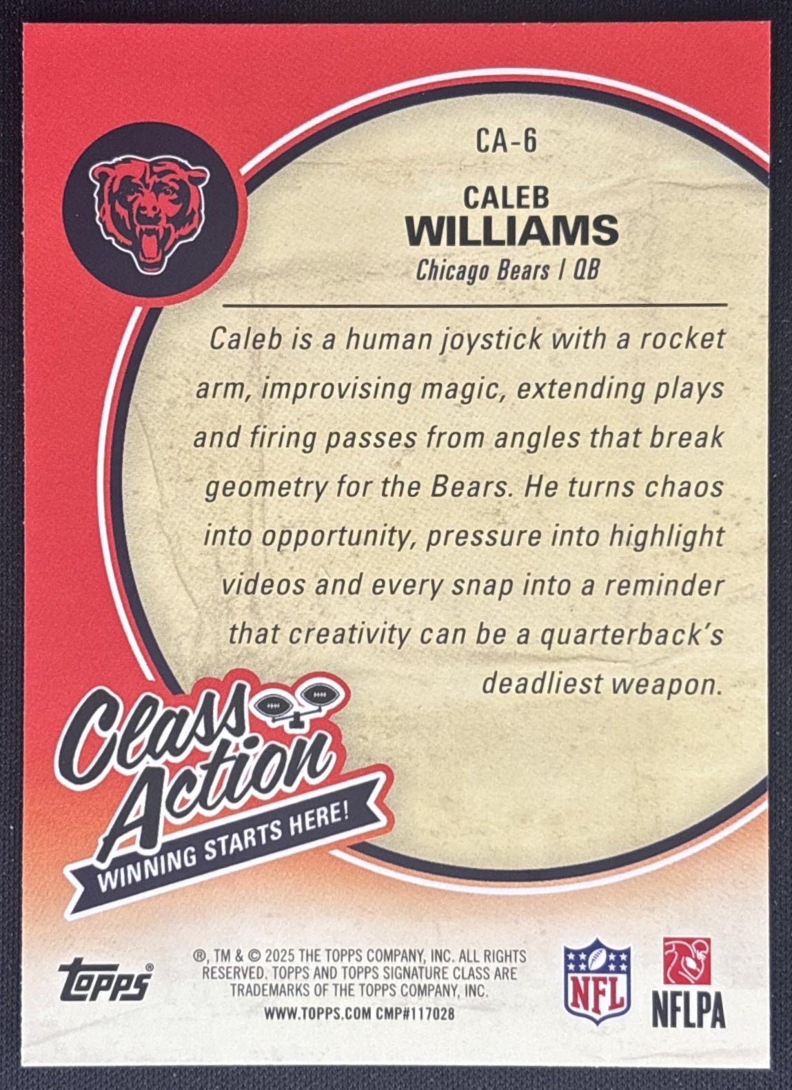 Caleb Williams 2025 Topps Signature Class Action Bears back