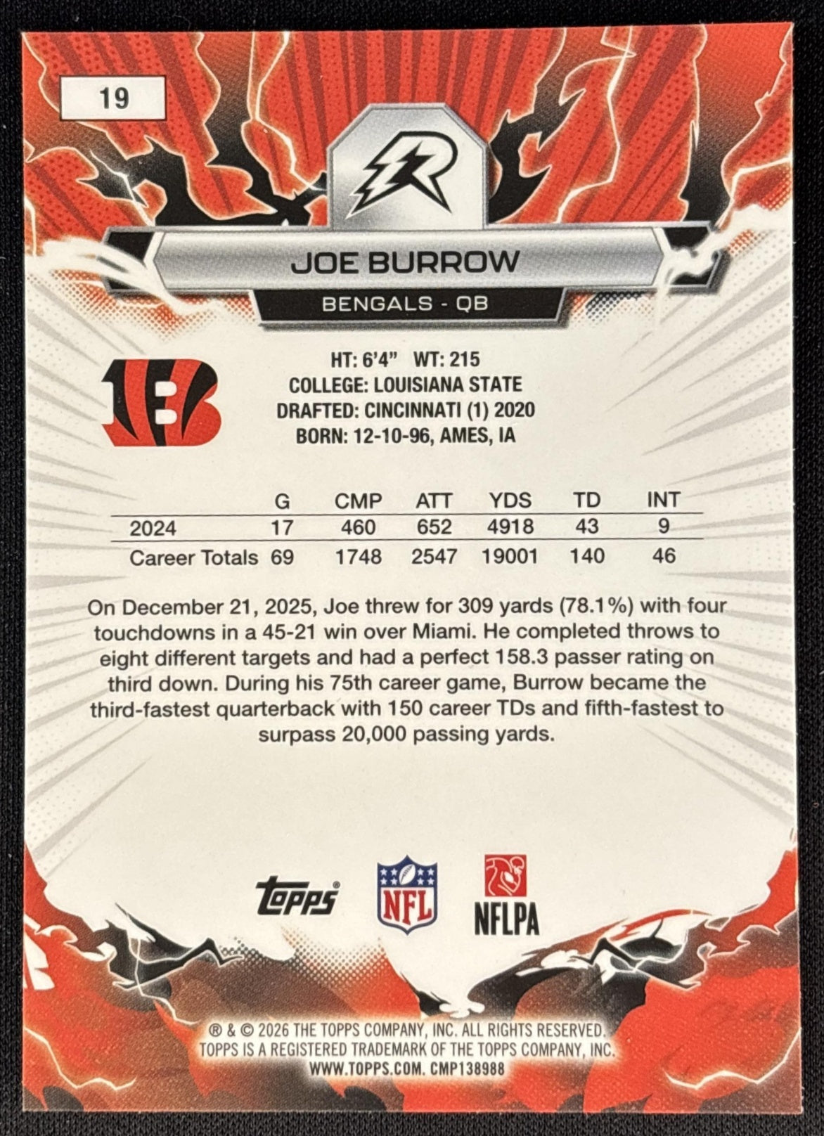 Joe Burrow 2025 Topps Resurgence Bengals Cincinnati Bengals back