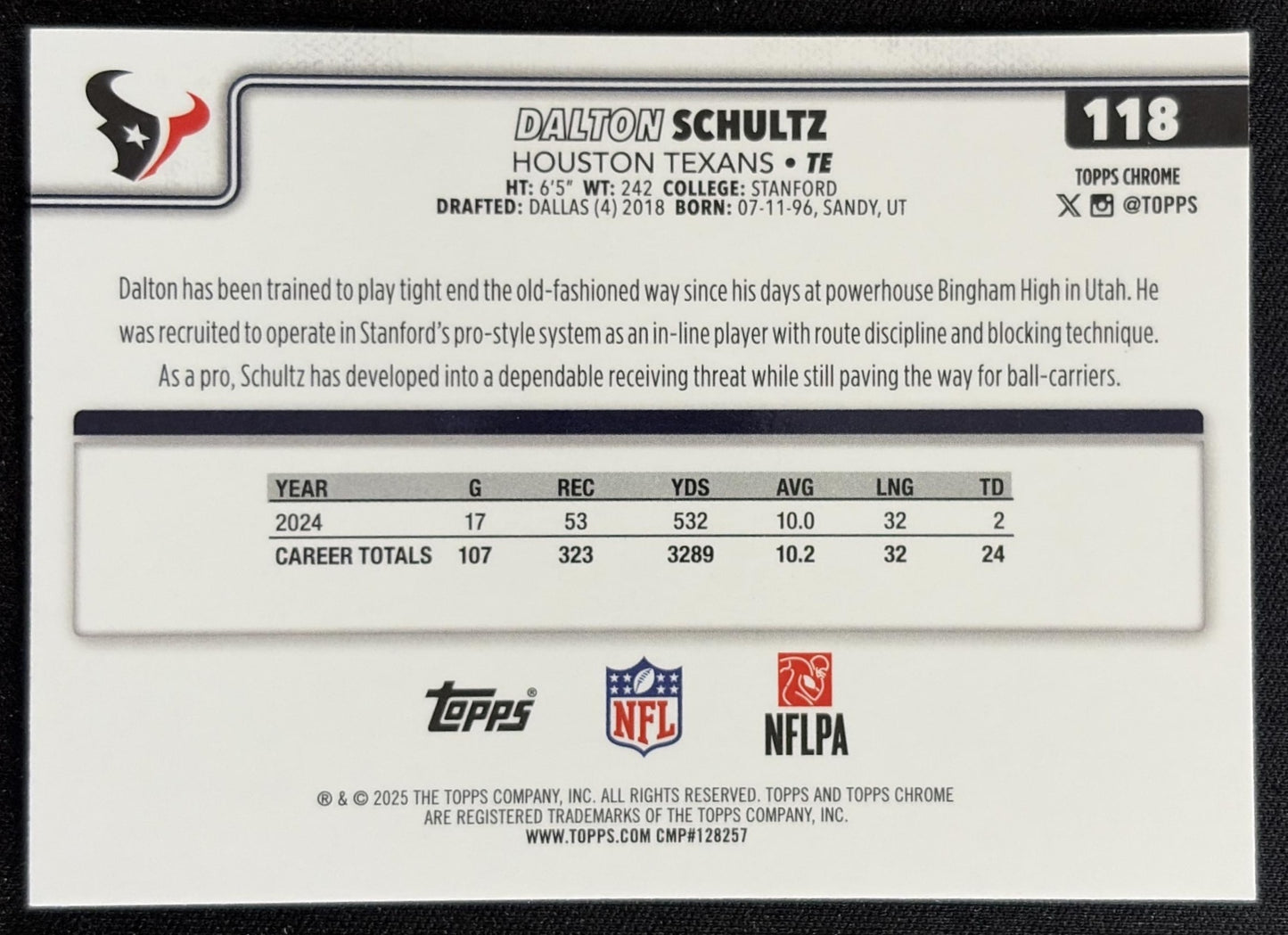 Dalton Schultz 2025 Topps Chrome Red/White/Blue Refractor Texans