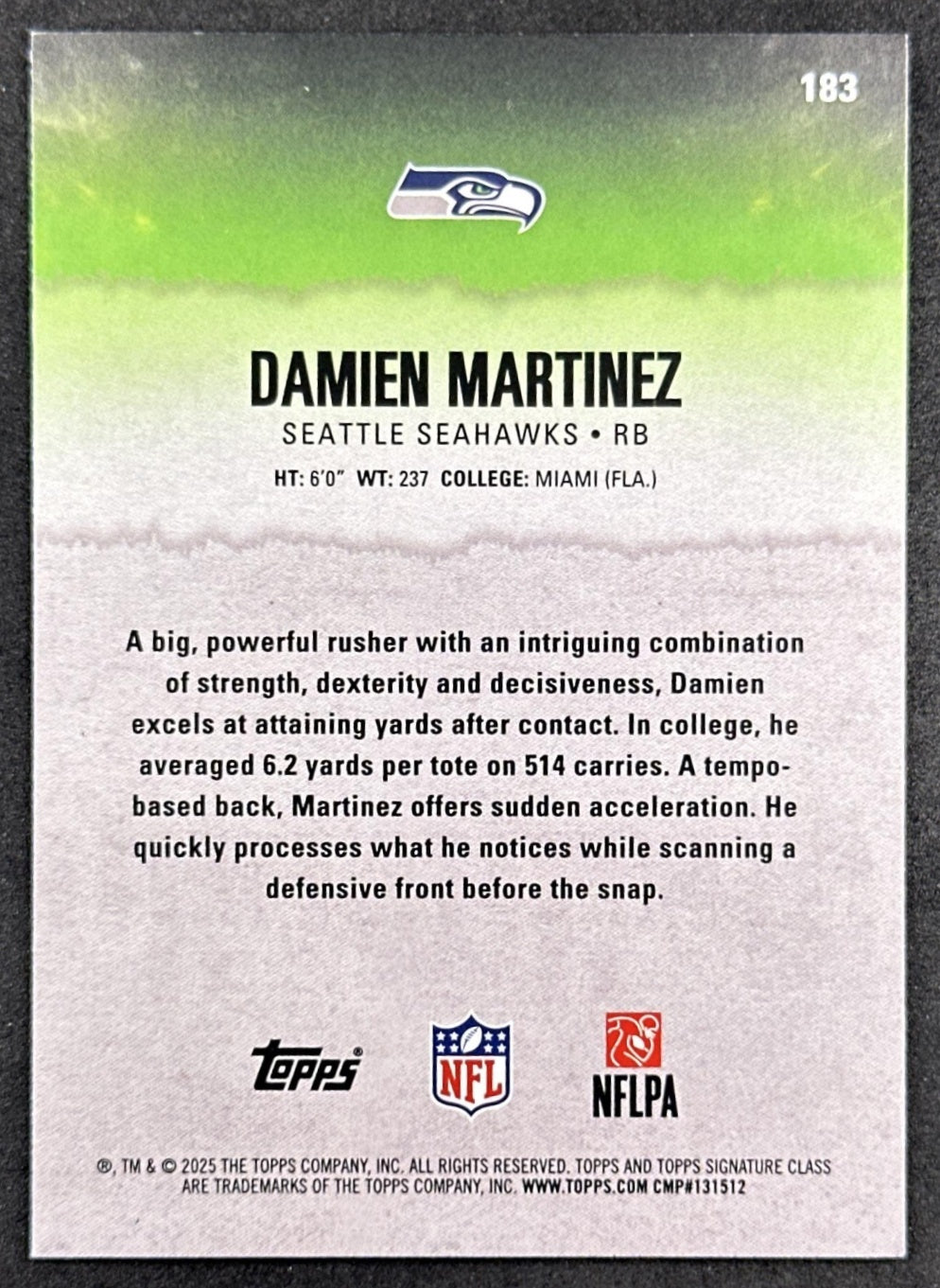 Damien Martinez 2025 Topps Signature Class Rookie Blue & Yellow Foil Seahawks