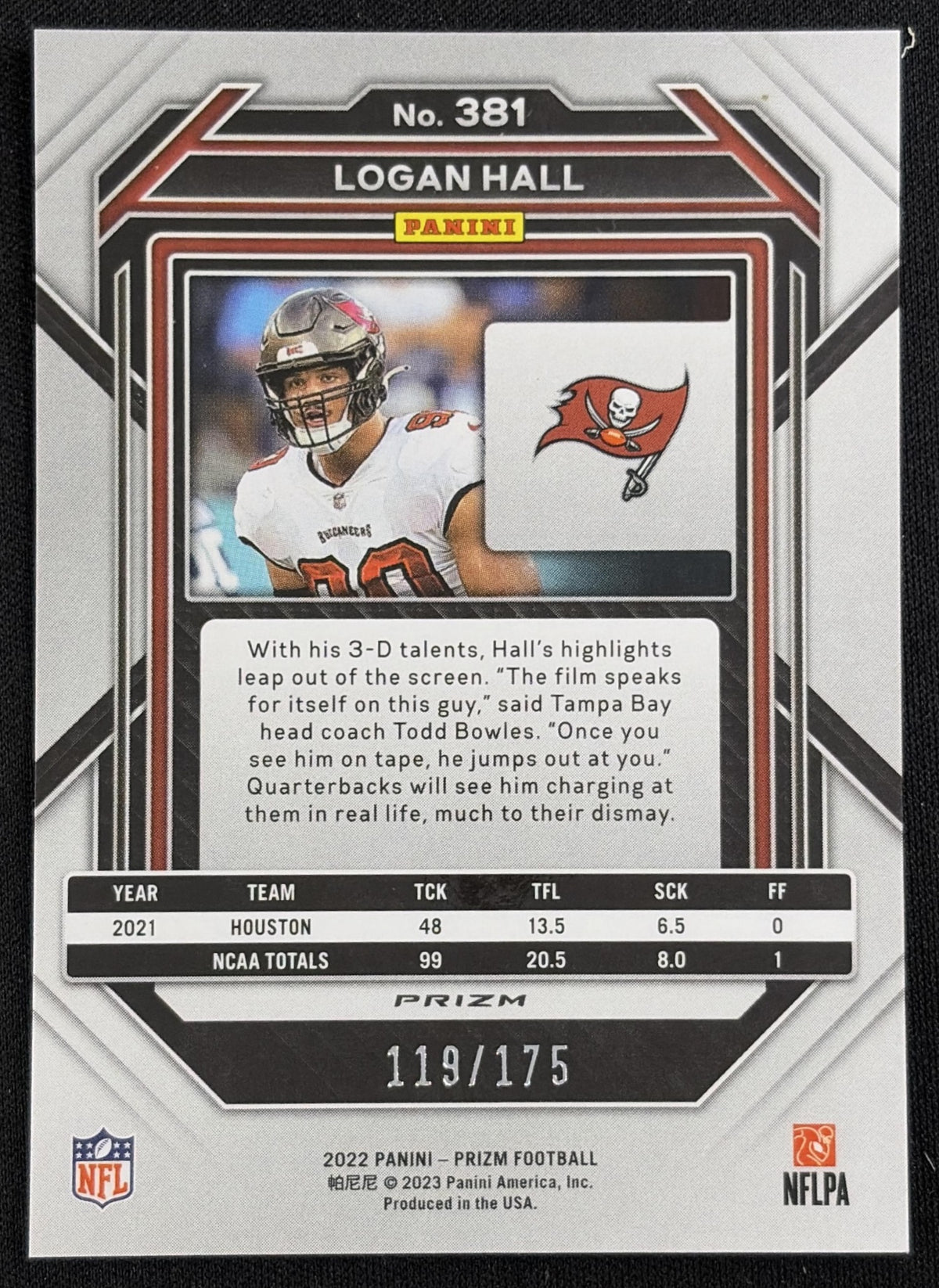 Logan Hall 2022 Panini Prizm Hyper /175 Buccaneers Sports Trading Card