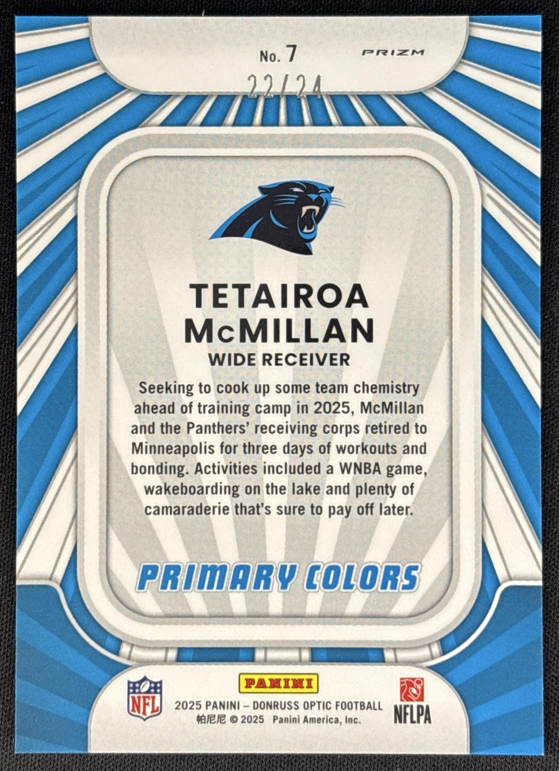 Tetairoa McMillan 2025 Donruss Optic Rookie Primary Colors Dragon Prizm /24 Panthers Sports Trading Cards