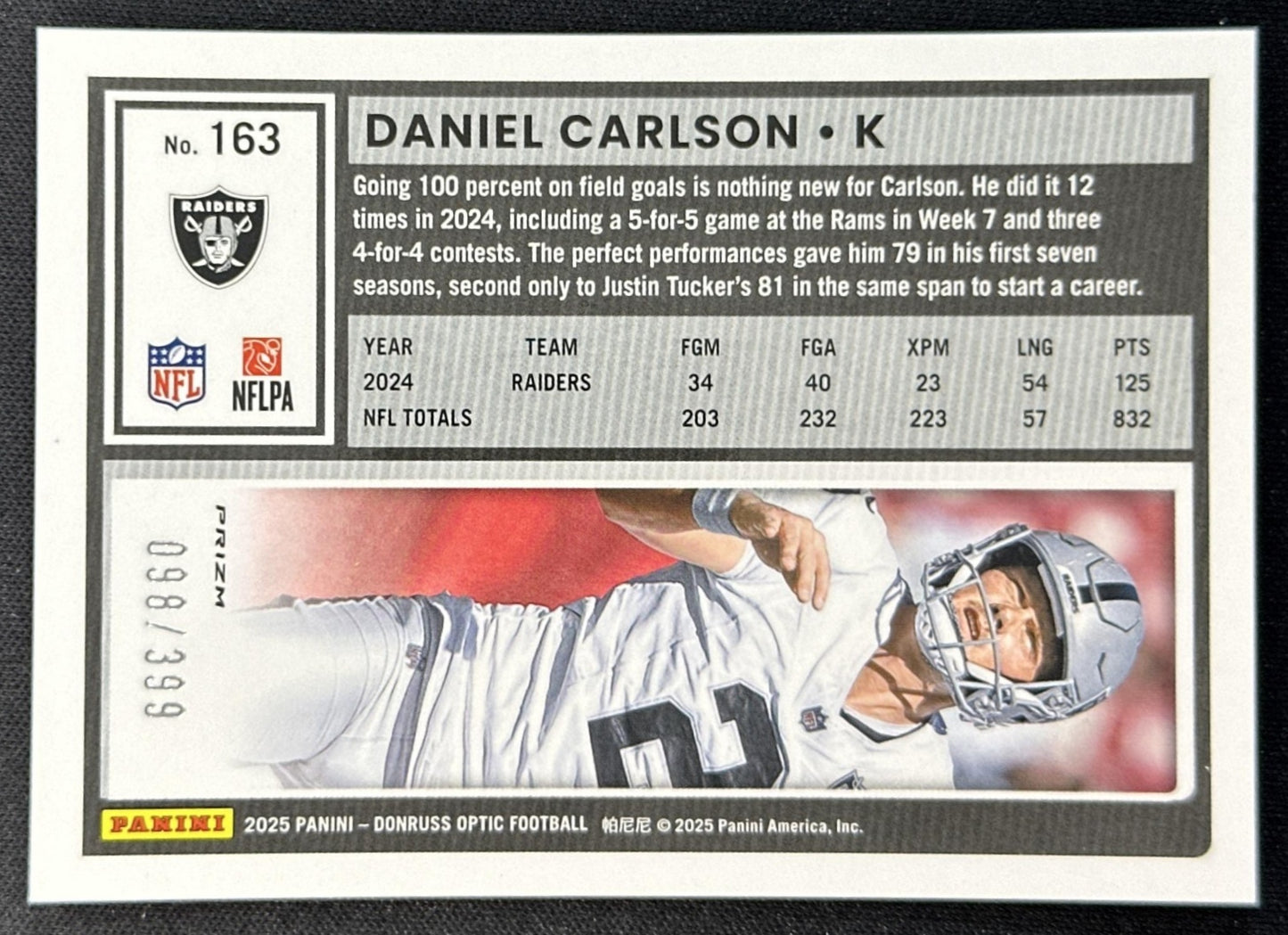 Daniel Carlson 2025 Panini Donruss Optic Neon Blue Prizm /399 Raiders Sports Trading Cards